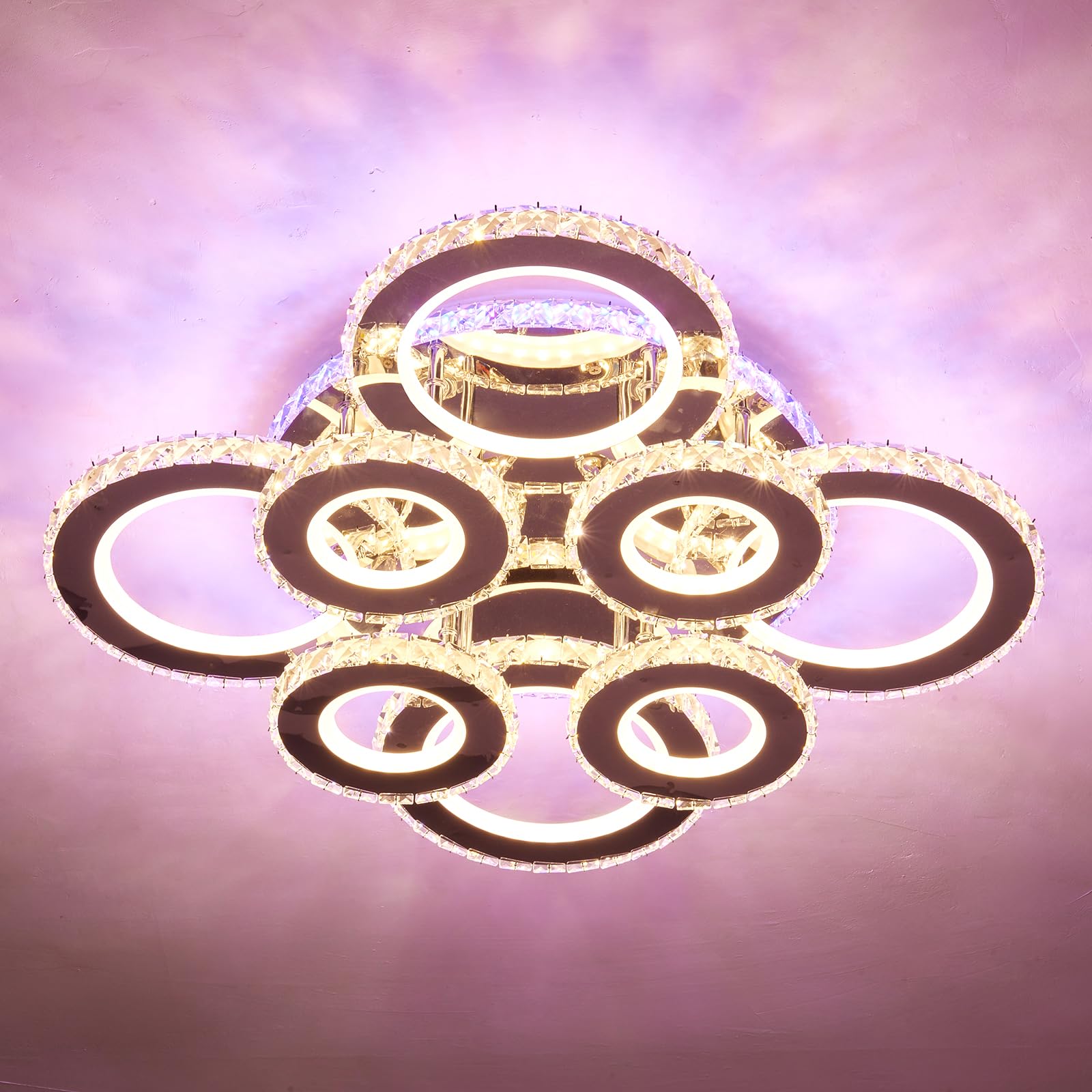 YYJLX Modern Led Ceiling Light with Remote Control 9 Rings Crystal Flush Mount Ceiling Light Fixtures 3 Color Dimmable and RGB Ceiling Lamp for Living Room Kitchen Dining Room Bedroom.