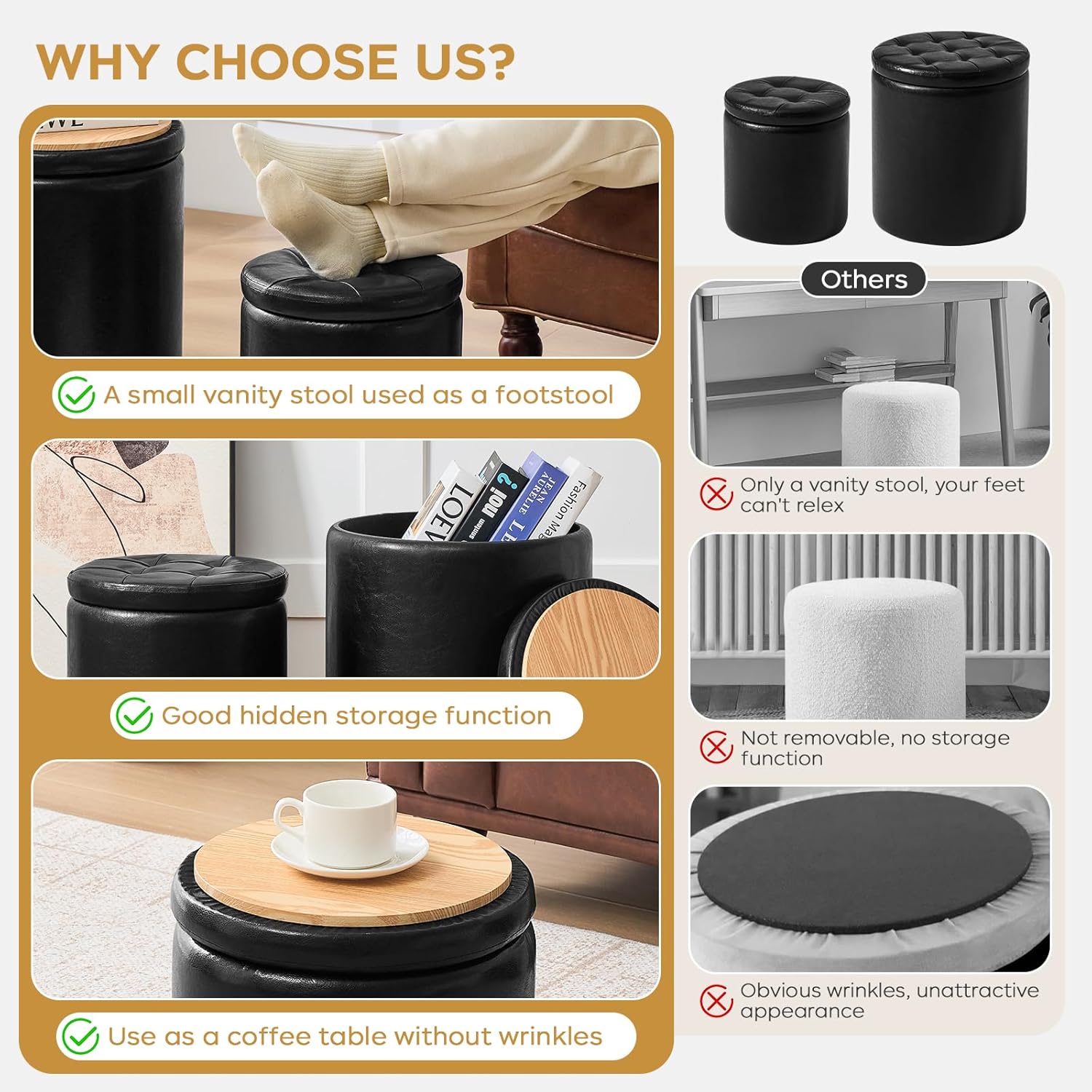 Round Ottoman with Storage Set of 2, 12.6" W x 14.17" H & 14.76" W x 17.32" H Faux Footstool Storage Ottomans for Bedroom, Living Room Padded Coffee Table Ottomen, Black