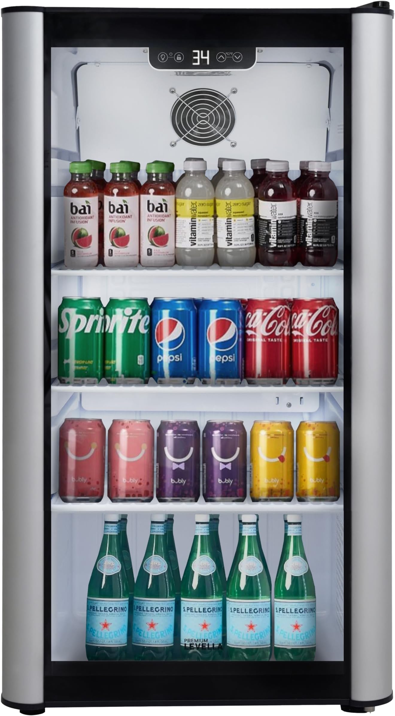 PremiumLevella PRF36DX Glass Door Display Refrigerator 3.1 cu ft Commercial Beverage Cooler Merchandiser - Silver