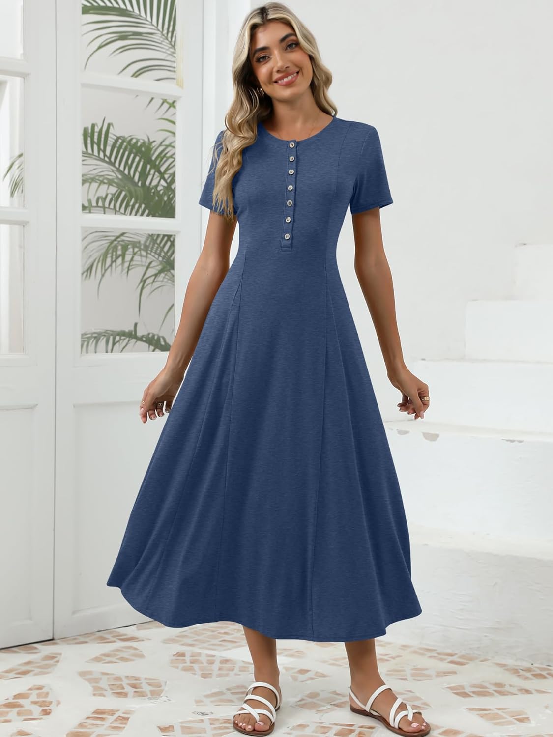 Women's Spring Casual Maxi Dress Short Sleeve Fit and Flare A Line Flowy T Shirt Long Vacation Dresses with Pockets - Image 2