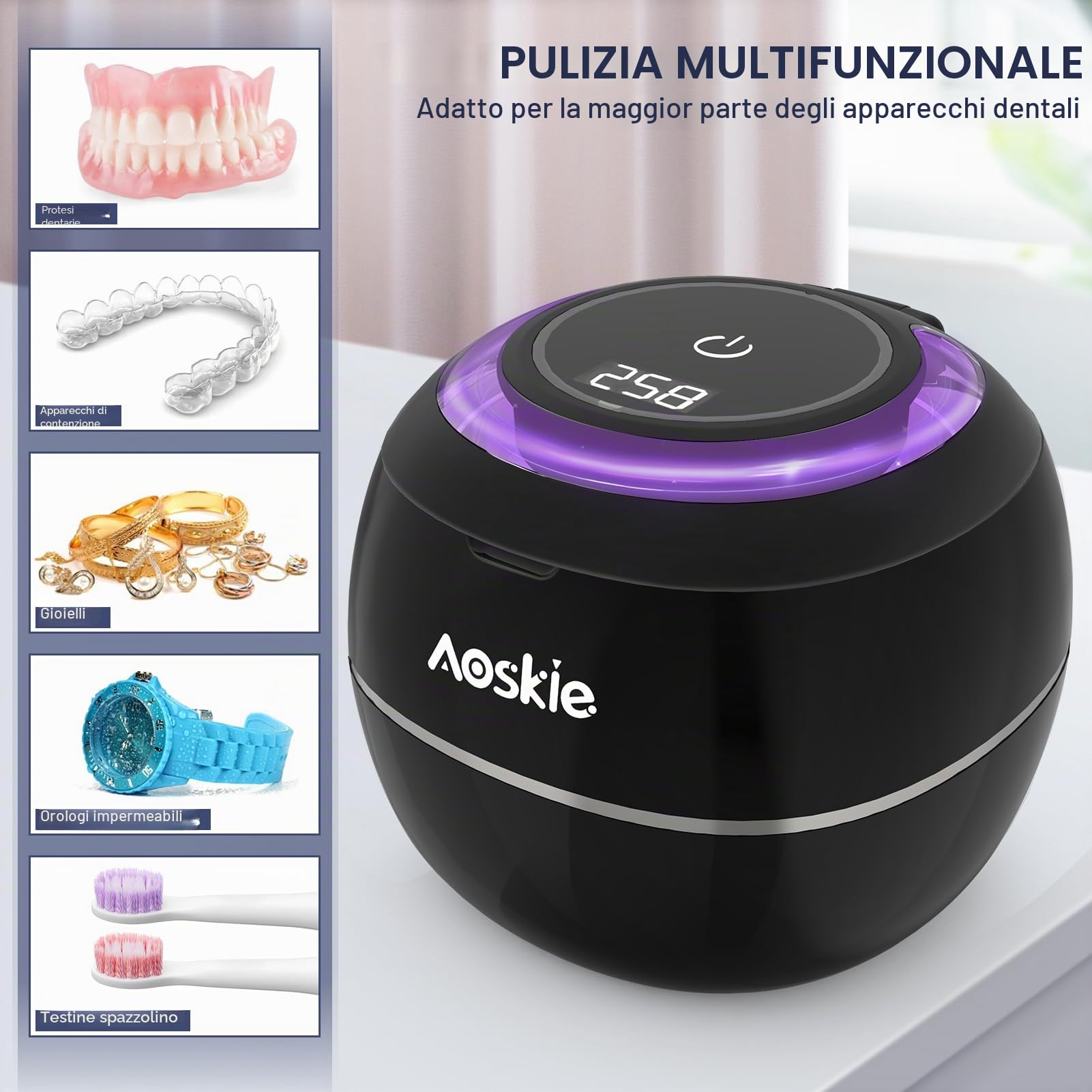 Aoskie Pulitore a Ultrasuoni 42kHz 30W con Lampada UV, 180ML – Pulizia Profonda per Protesi Dentarie, Allineatori, Paradenti, Gioielli e Testine per Spazzolino – Ideale per Casa e Viaggio