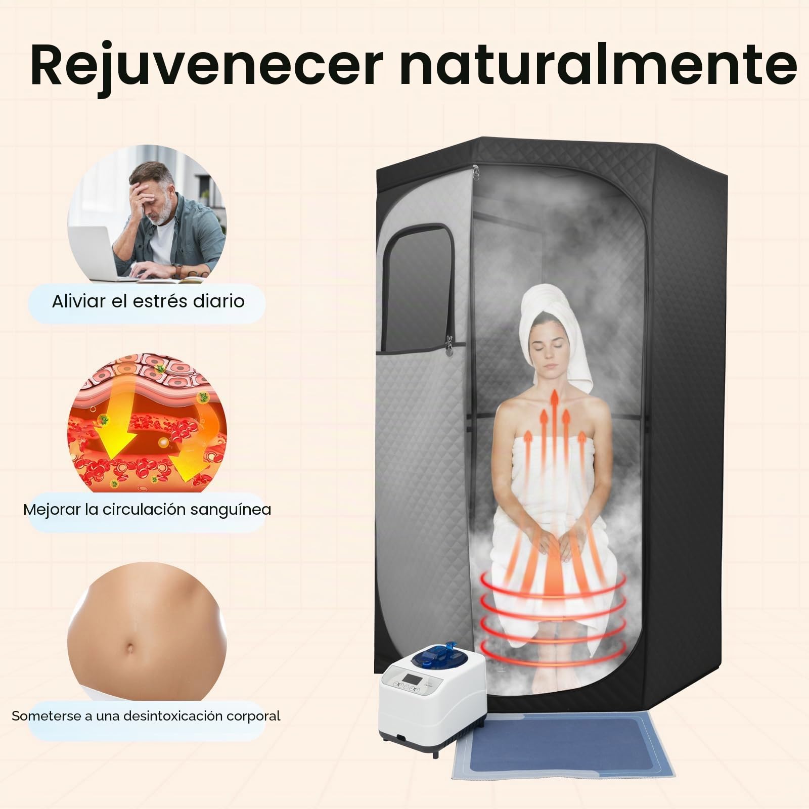 Sauna portátil de vapor 1350 W con vaporizador 3 L, mando a distancia, plegable, 5-60 min, 9 niveles de temperatura