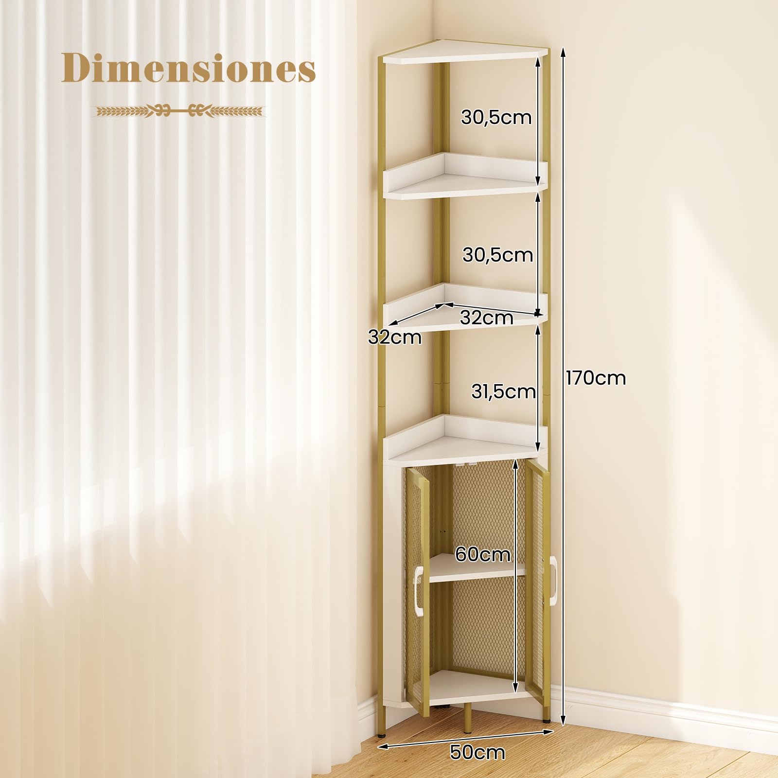 COSTWAY Estanteria Esquinera de 6 Niveles, Estanteria Esquina con Gabinete y Puertas, Estante Ajustable, Libreria Rinconera para Plantas, Salon Dormitorio Oficina Cocina, 32 x 32 x 170 cm (Blanco)