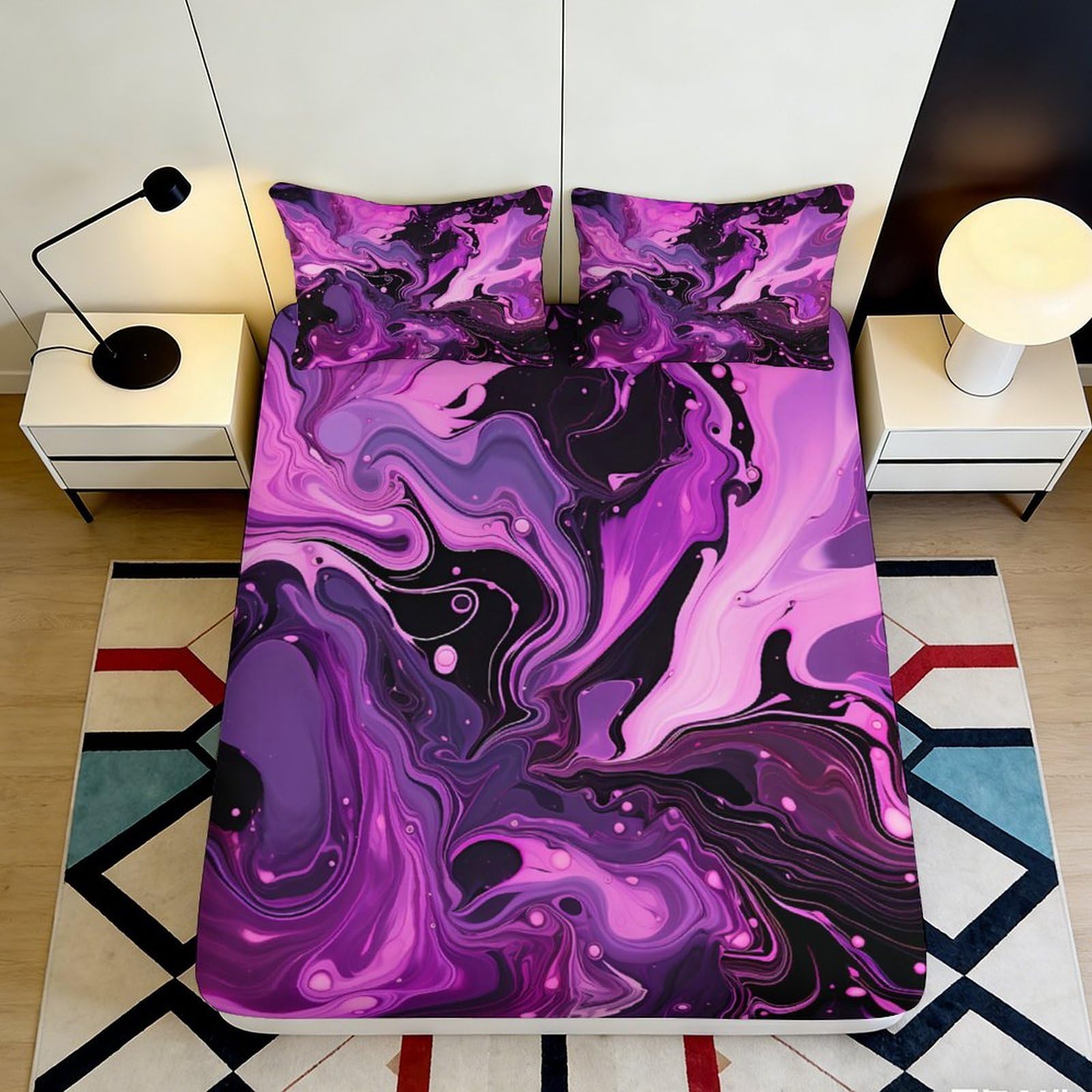 3D Printed Purple Marble Fitted Sheet Microfiber Soft Breathable Abstract Swirl Bed Cover for Bedroom Dormitory Guest Room Mattress Protection Decor 120x200x25cm