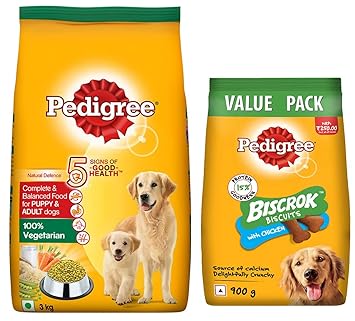 Pedigree Complete & Balanced Food for Puppy & Adult Dogs, 100% Vegetarian, 3 Kg & Pedigree All Life Stages Biscrok Dry Dog Biscuits (Above 4 Months), Chicken Flavor, 900g Pack