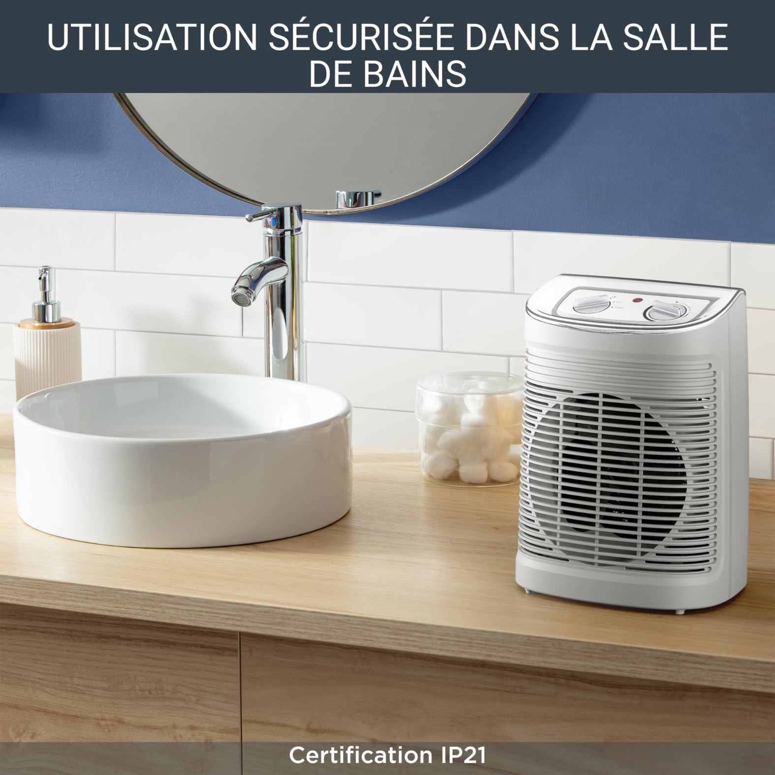 Rowenta Chauffage soufflant, Usage salle de bain, 2 réglages, Silencieux, Compact, Mode éco, Transport et rangement faciles, Grande diffusion de la chaleur, Instant Comfort Aqua SO6510F2