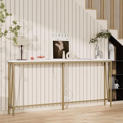 Amyove Mesas de sofá angostas largas, mesa consola de 72.8 pulgadas de largo para entrada, mesa dorada detrás del sofá con tomas, mesa de sofá con