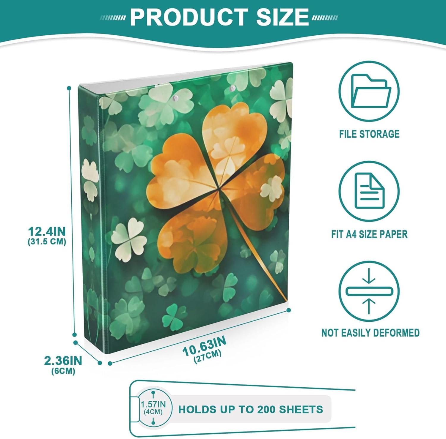 St. Patrick's Day Clover 3 Ring Binders, 1.5” Round Ring Binders with Clipboard - Letter Size, 3 Interior PVC Clear Pockets & Anti-Slip Clip for Office School Supplies, 2PCS