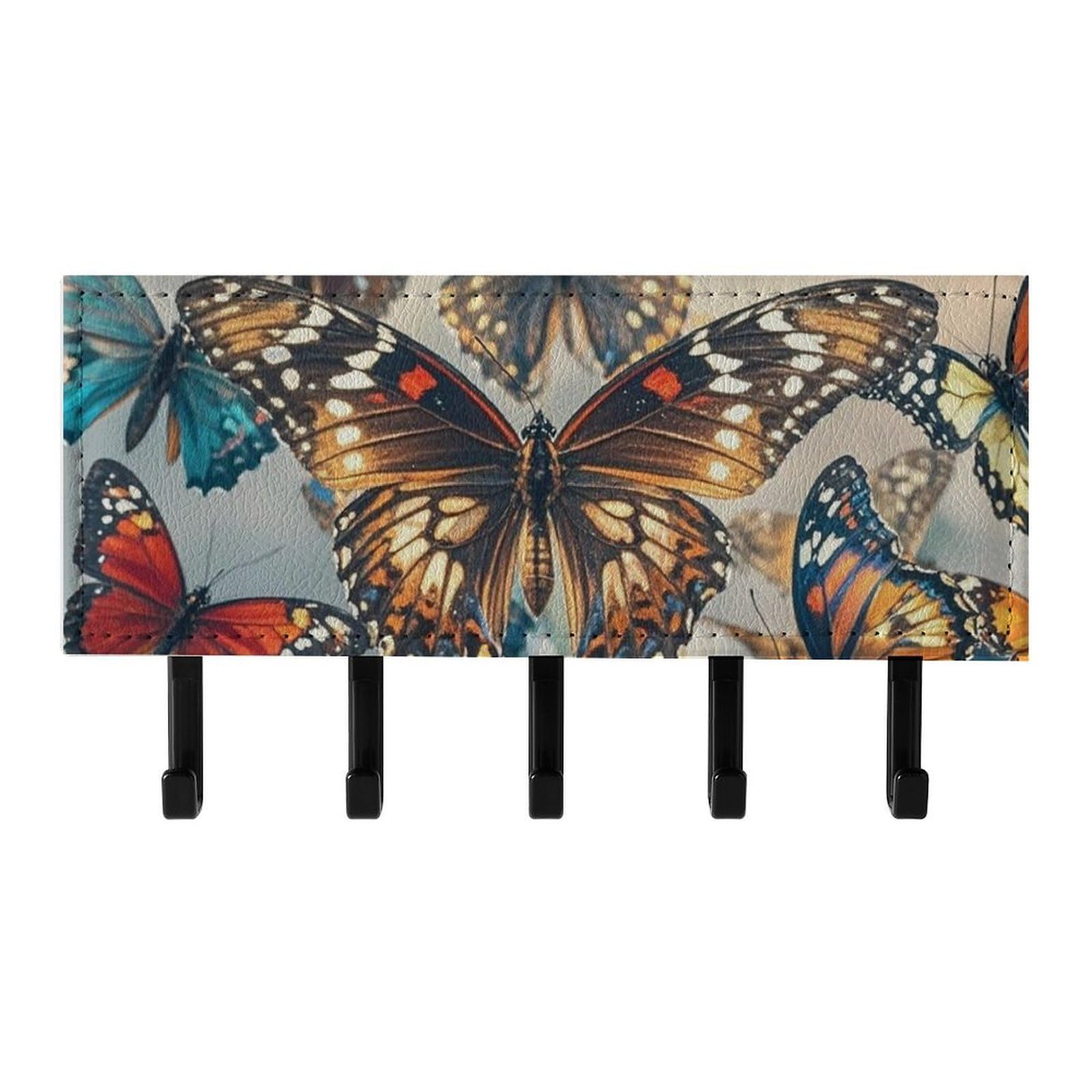 QMNLKH Butterflies Wall Mounted Key Rack for Home, No Drilling Key Holder with 5 Hooks, Self Adhesive Keys Chain Organizer for Hallway, Keys Hanger Shelf for Office, Doorway Black
