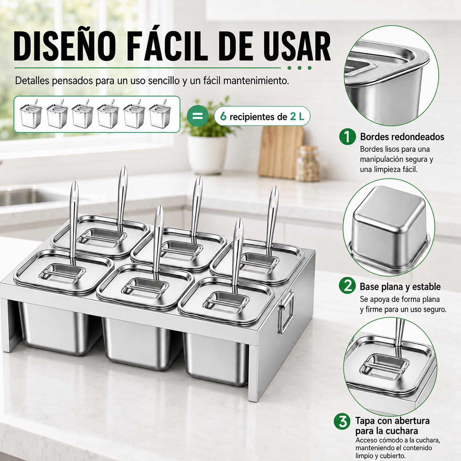 Recipientes de Acero Inoxidable para Alimentos 6 x 2L con Tapa y Cuchara – Estación de Acero Inoxidable para Añadir Ingredientes a la Pizza, BBQ, Salsas y Verduras – Bandeja GN para Cocina Restaurante