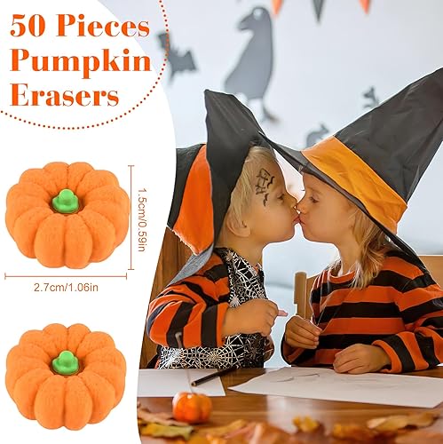 Miniatura 6 de PLULON 50 borradores de calabaza a granel para niños, mini borrador de lápiz 3D de goma de cemento para Acción de Gracias, Halloween, recuerdos de