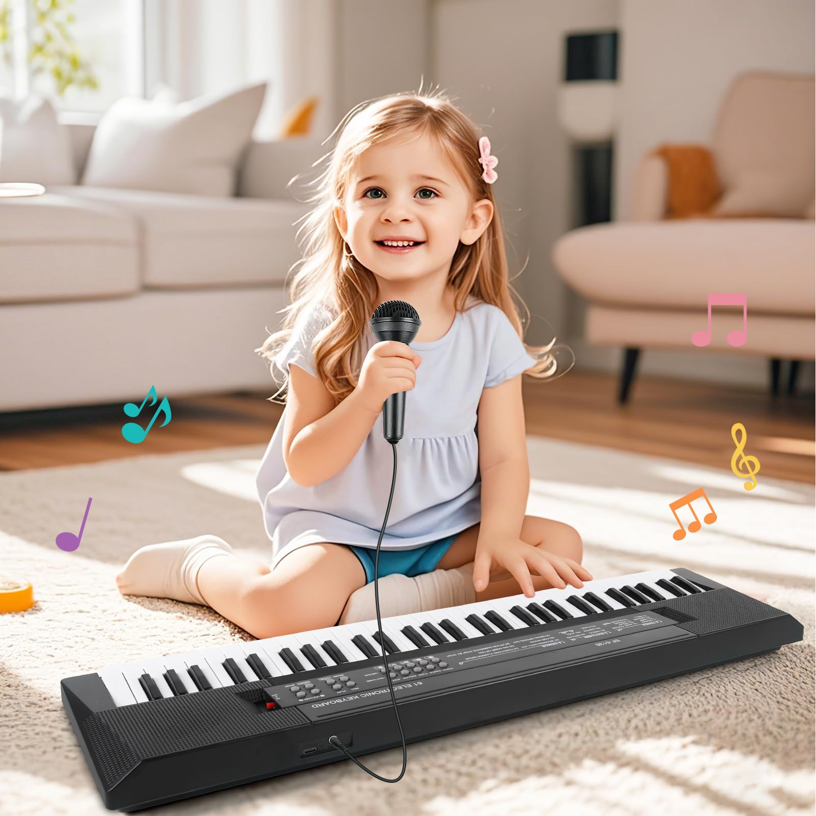 Piano Teclado de 61 Teclas para Niños, Teclado Musical con Micrófono, Piano Electrónico Portátil para la Enseñanza, Juguete Regalo para Principiantes Niños y Niñas de 3 a 12 Años, Altavoces Integrados
