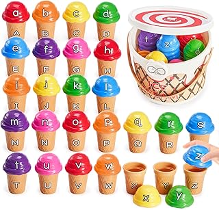 JoyCat Ice Cream Alphabet Learning Toys and Color Sorting Game for Toddlers - 52 Pieces, Montessori Stacking Fine Motor Skills Toys, Upper and Lower Case Alphabet Matching Toys with Storage Tub