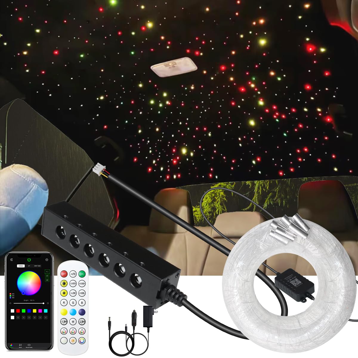 AZIMOM 6LED Colorful Fiber Optic Starlight Headliner Kits Fiber 240pcs*0.03in*6.5ft Strands APP& Remote Control Mix Color Chase Timing Fiber Optic