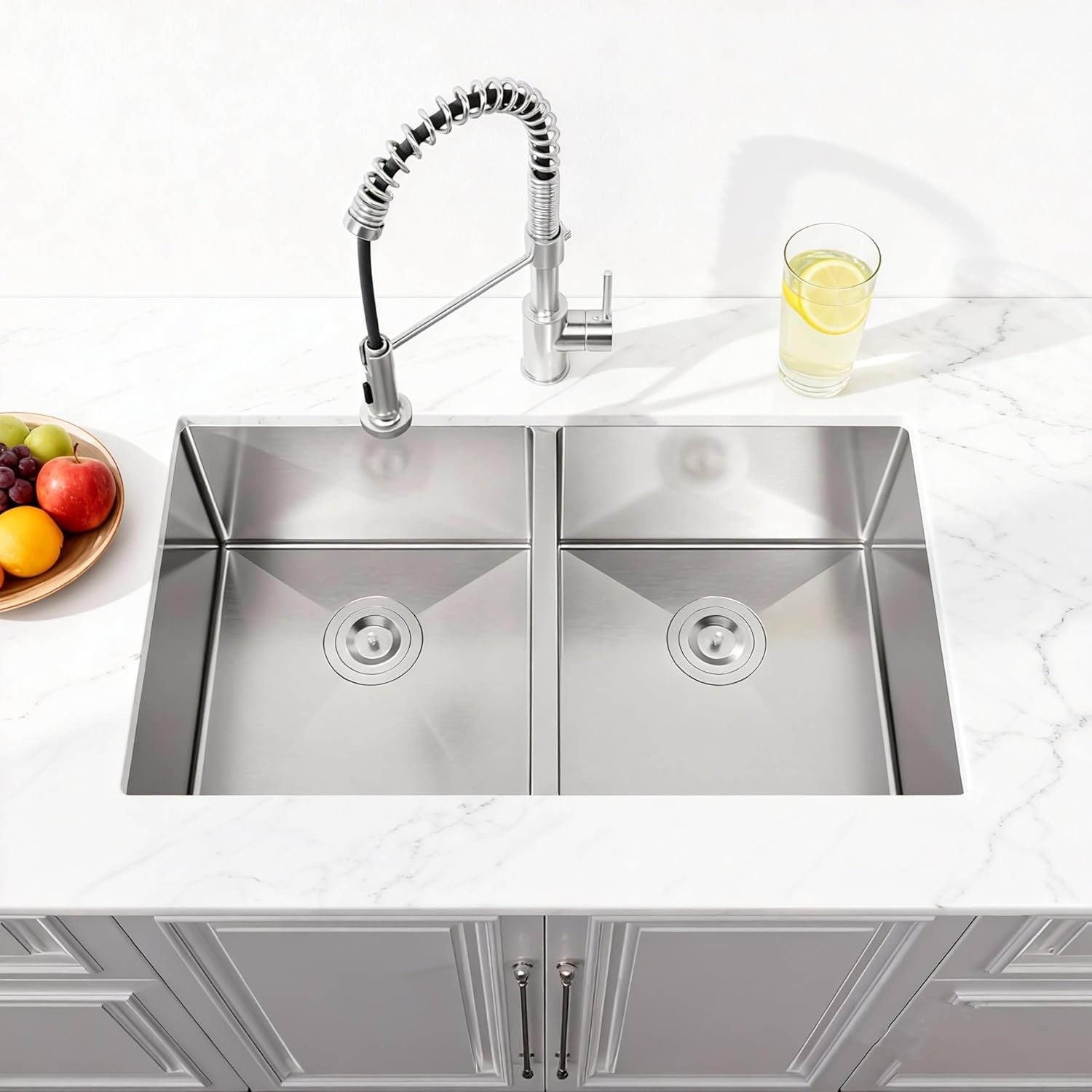 32 Inch Undermount 50/50 Double Bowl Kitchen Sink, 32" X 19" Large Double Sink, 16 Gauge Stainless Steel Kitchen Sinks with Sinks Drain (Silver)