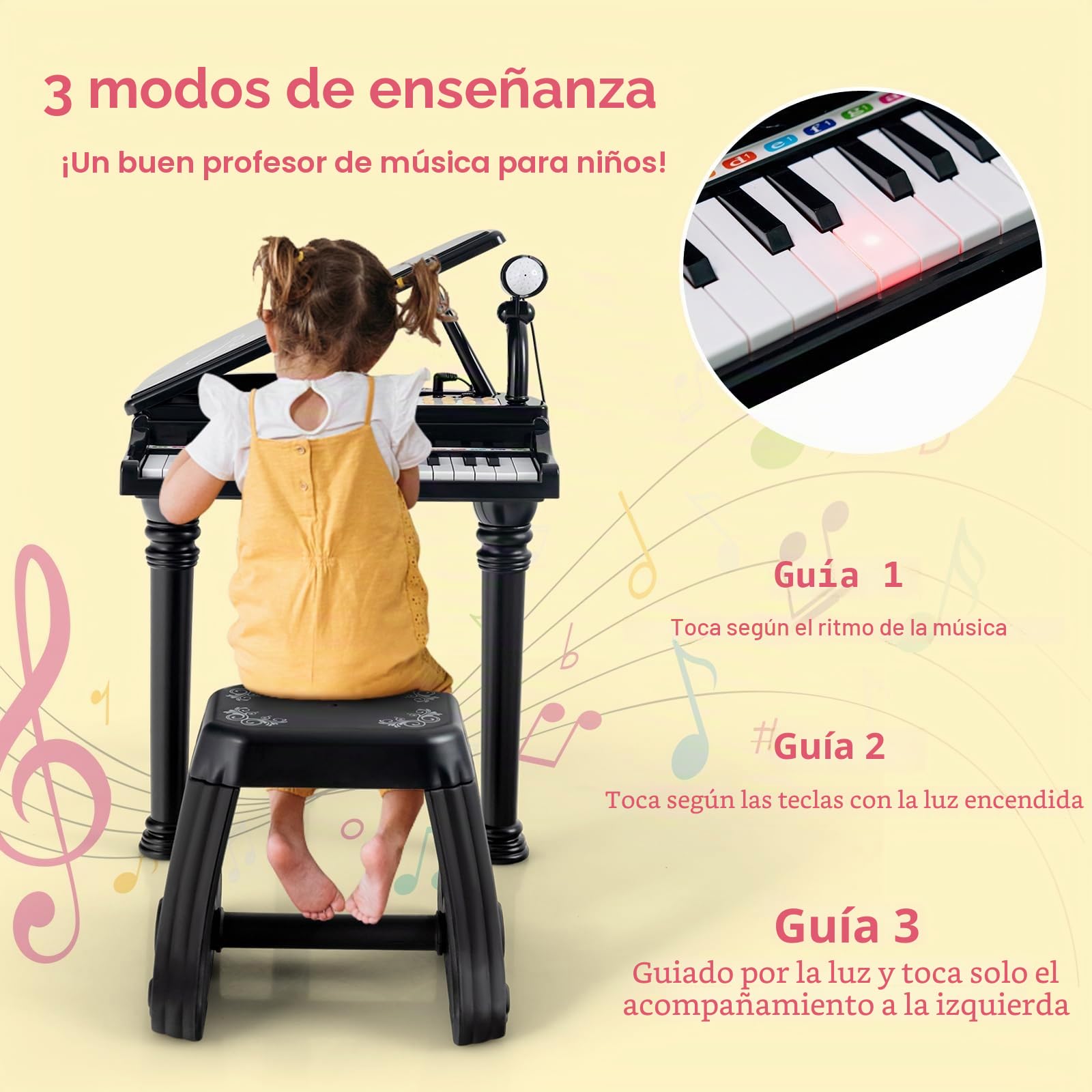 RELAX4LIFE Piano para niños con 31 teclas y taburete, teclado piano electrónico con micrófono ajustable, juguete musical regalo para niños a partir de 3 años (negro)