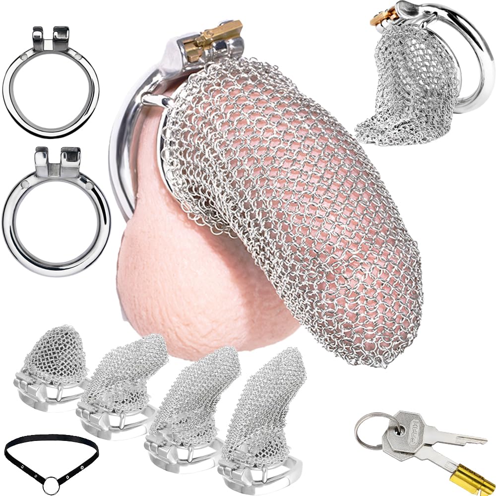 2023 Neu Mesh Atmungsaktiver Peniskäfig 5 Größen Mann Keuschheitskäfig Keuschheitsgürtel SM Bondage Cockringe mit Gürtel, Tragbar Cock Cage Fetisch Sexspielzeug für Männer (Gebogen/40mm, M)