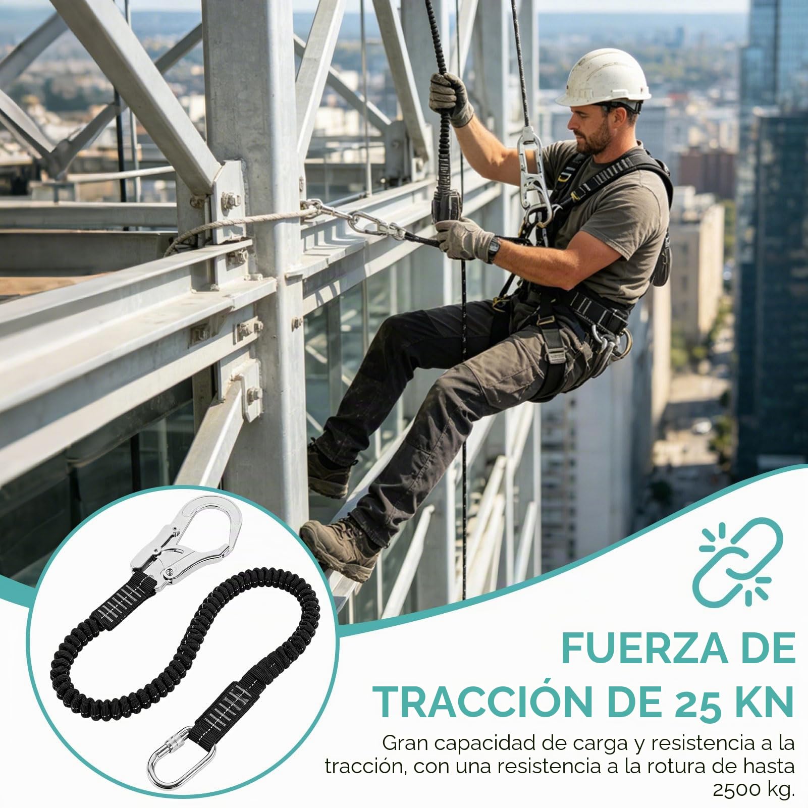 Cordón de seguridad con gancho a presión de 25 KN, correa de seguridad resistente, protección contra caídas, absorción de golpes, elástica, retráctil, arnés de correa de árbol de escalada