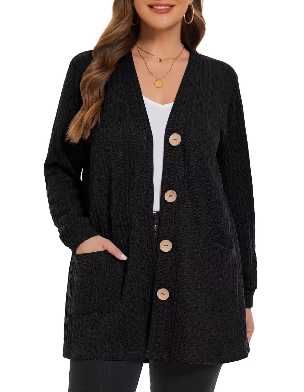 LARACE Open Front Cardigan for Women Cable Knit Sweater with Pockets Plus Size Long Sleeve Tops Button Down