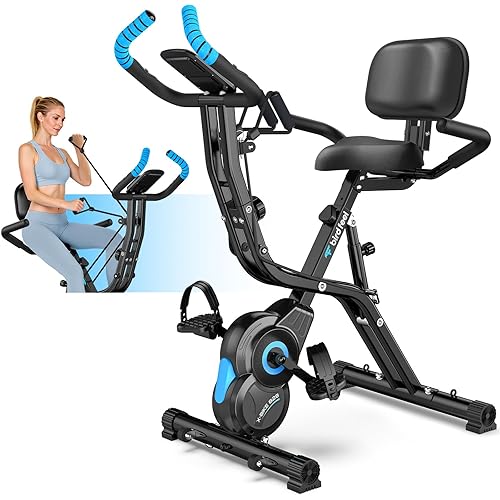 Birdfeel Foldable Exercise Bike, Multifunctional Indoor Stationary Bikes for Home with 8-Level Magnetic Resistance, Quiet Workout Bike with Arm Resistance Bands, LCD Monitor, 300LBS Capacity - Blue