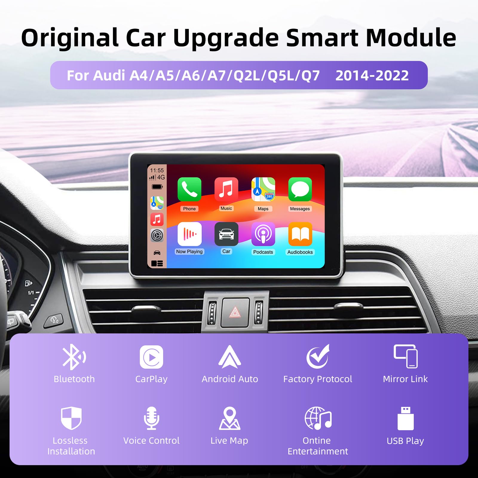 Kit Decoder Wireless CarPlay per Audi MIB/MMI 2014-2022 Schermo 7/8.8 | Supporta Android Auto Mirror Link navigazione GPS Bluetooth controllo volante per A3 A4 A5 A6 A7 Q2L Q5L Q7 Plug and Play
