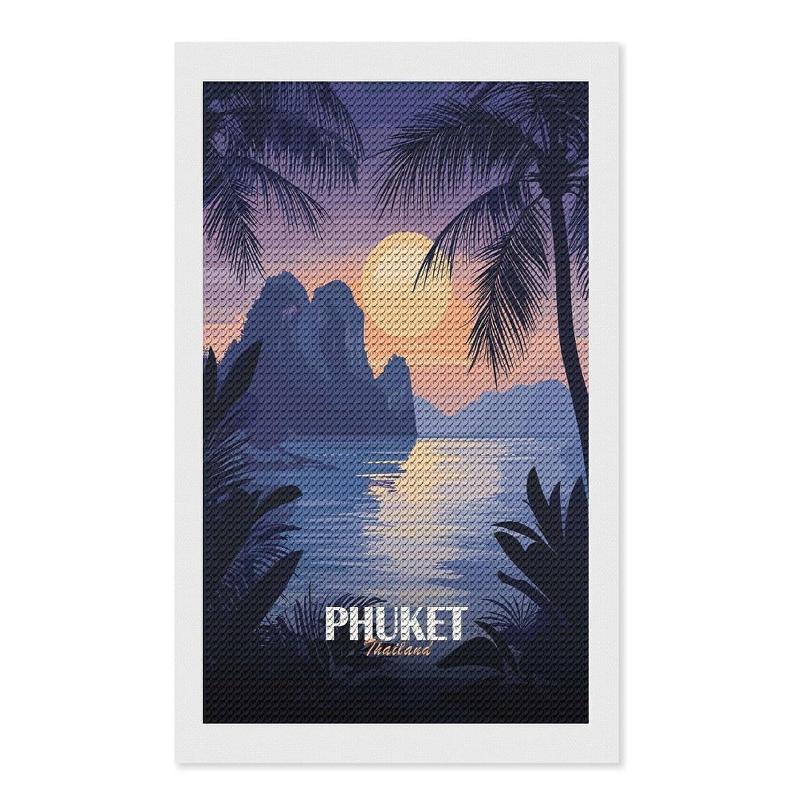 Junmoney Phuket Thailand Tropical Island Sunset Diamond Painting Canvas Set 12"x20", for Craft Lovers, Decorate Your Room, Festive Craft Gift, Vintage Style Decor
