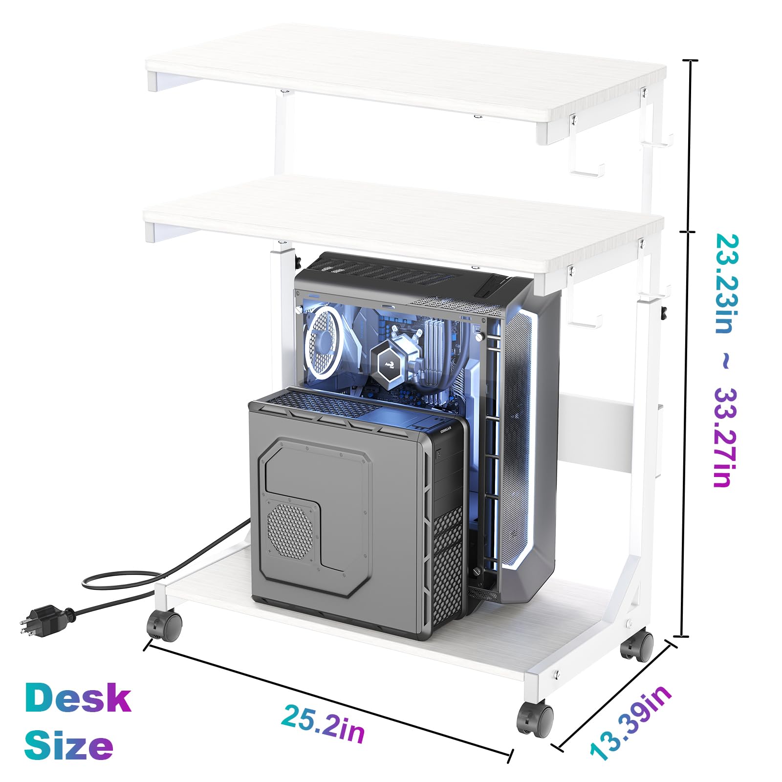 Height Adjustable Computer Tower Stand with Charge Station and USB Charging Port 2-Tier ATX-Case Cart Under Desk Mobile — view 2