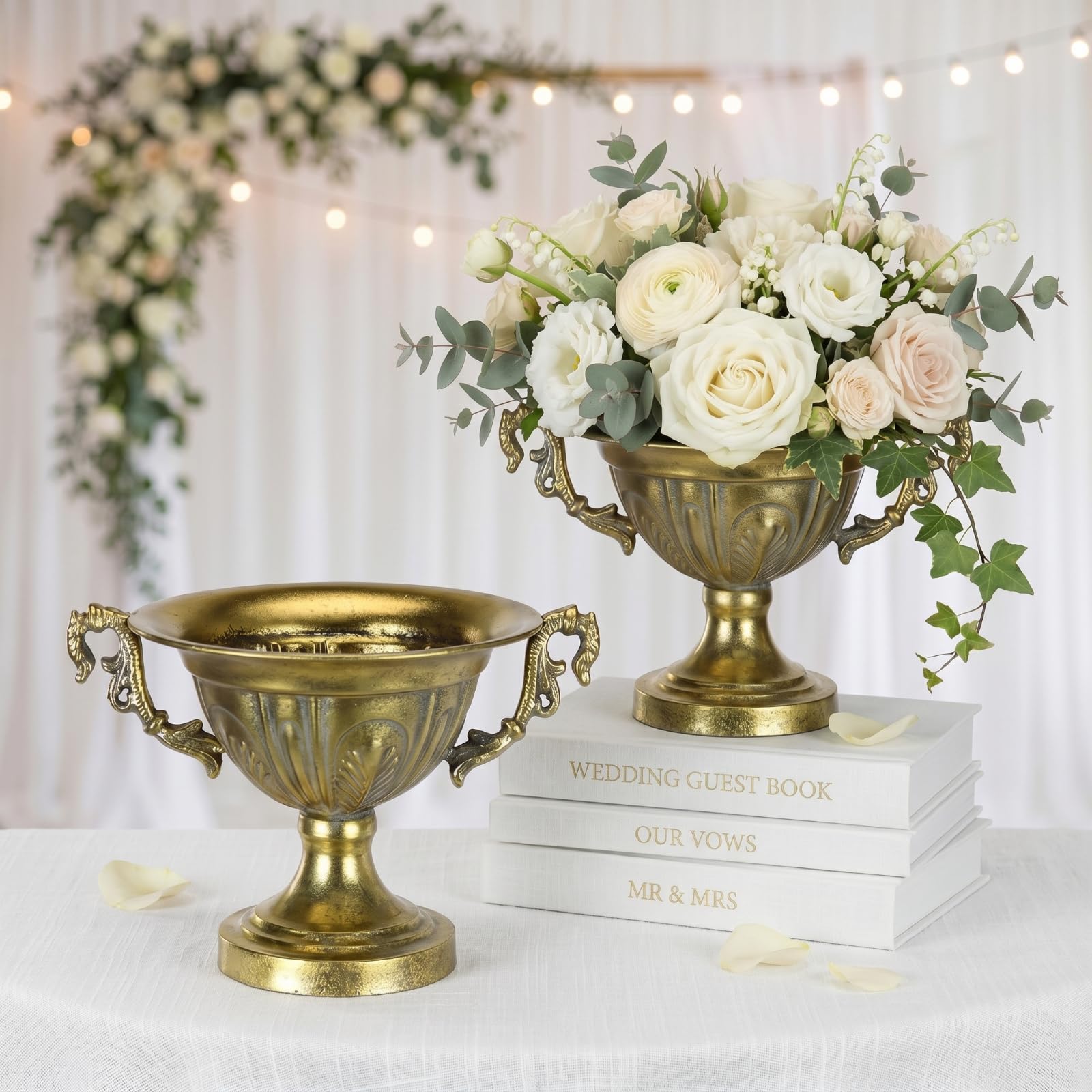 Photo 1 of Ferrochef 2 Pcs Golden Urn Flower Vase for Centerpieces 10.7" w x 7.1" h Vintage Iron Flower Vase Decorative Compote Pedestal Antique Urn Flowers Pot for Wedding Centerpieces Home Floral Arrangement