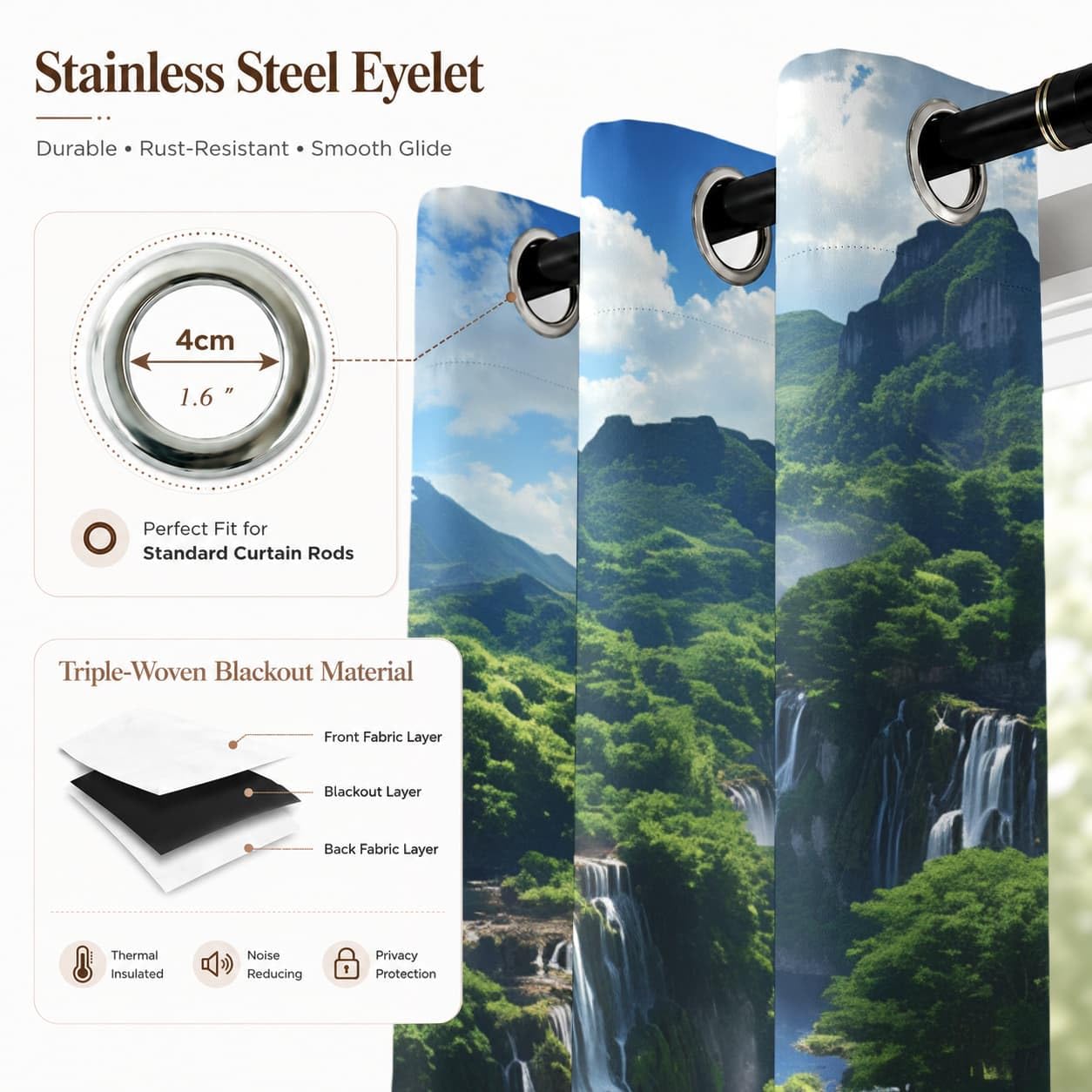 Genérico Cortinas Opacas 140An x 260Al cm (2 Paneles), Paisaje de Cascada Natural Visillo Reductoras Acusticas Antiruido Ojales Dormitorios， Verde Cortina Termicas PoliéSter para Sala de Estar