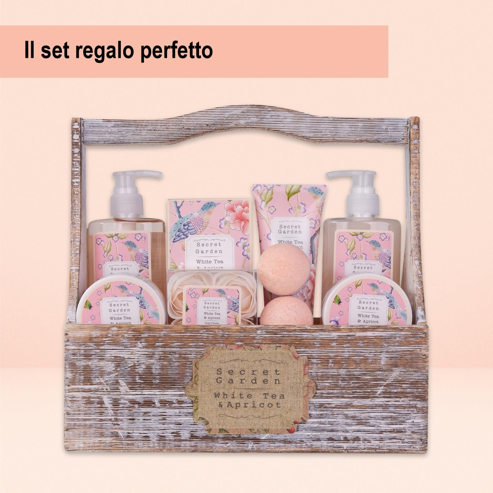Accentra Set regalo SECRET GARDEN, set bagno donna con 240 ml gel doccia e 240 ml bagnoschiuma, cofanetto regalo bagno donna in scatola di legno bianca con manico, idea regalo cura corpo per lei