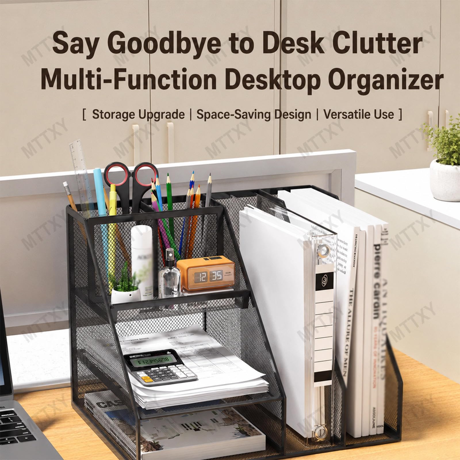 Metall Schreibtisch Organizer mit 2 Aktenfächern und Stiftehaltern | Multifunktional (Stifthalter + Aufbewahrungskorb + Dokumentenhalter)
