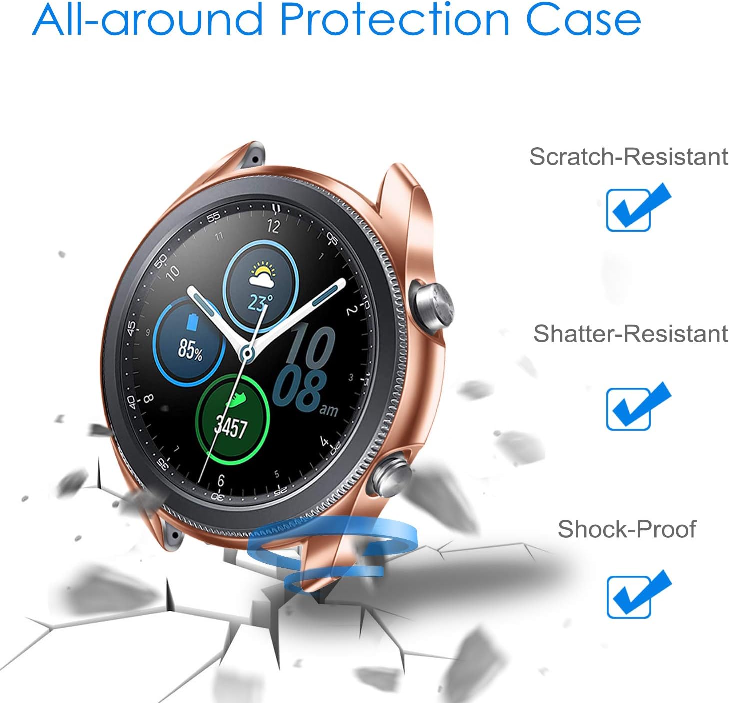 3 Pack - Fintie Case Compatible with Samsung Galaxy Watch 3 45mm, Soft TPU Slim Plated Case Shock-Proof Cover All-Around Protective Bumper Shell, Black + Clear + Rose Gold