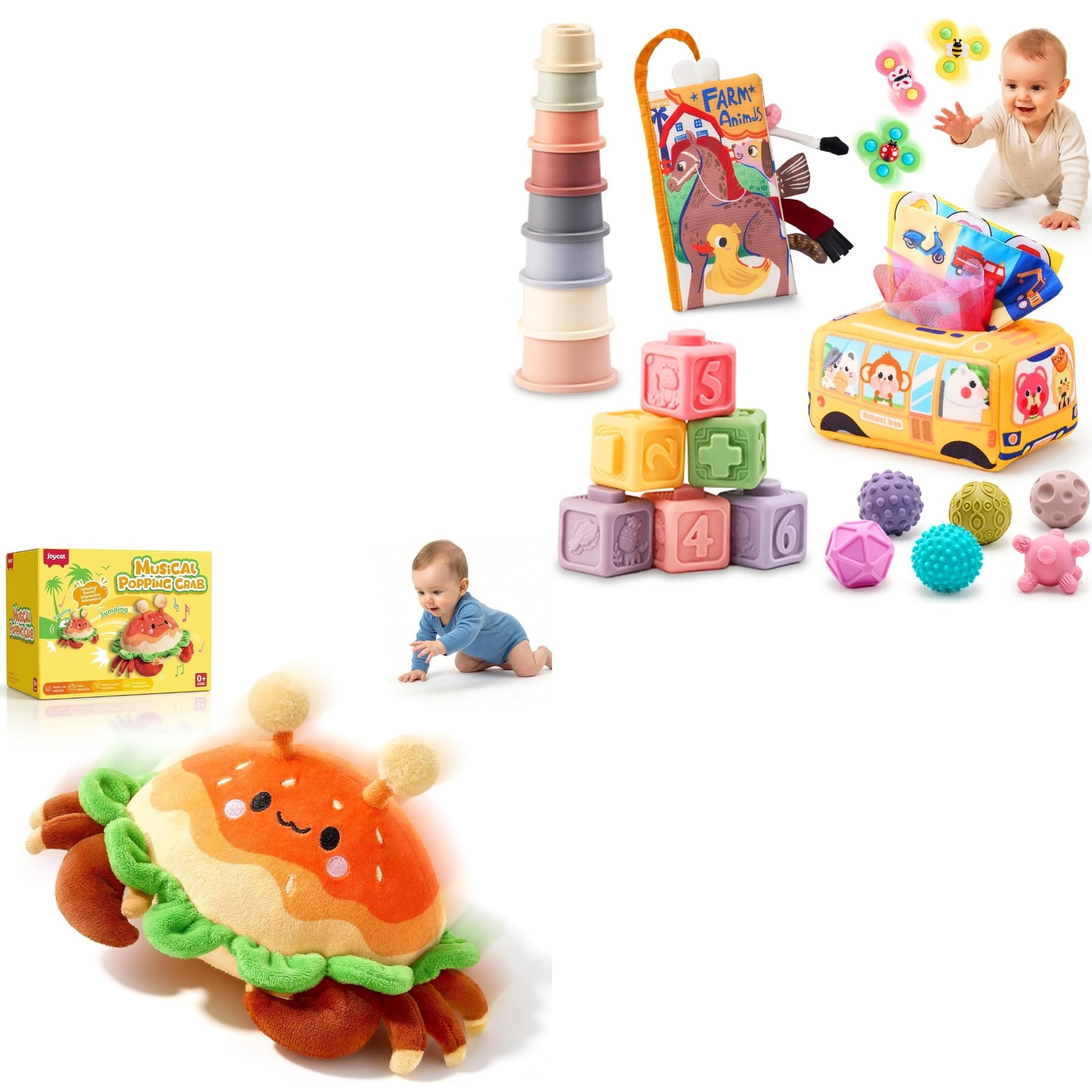 JoyCat Baby Toys- Musical Crawling Crab Plush Toy & Montessori Sensory Baby Toy Set