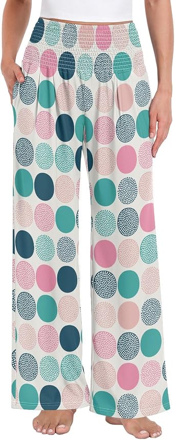 Joisal Colorful Polka Dots Womens Casual Wide Leg Pants, Lightweight Breathable Fabric, Elastic Waist High Rise for Slim Fit