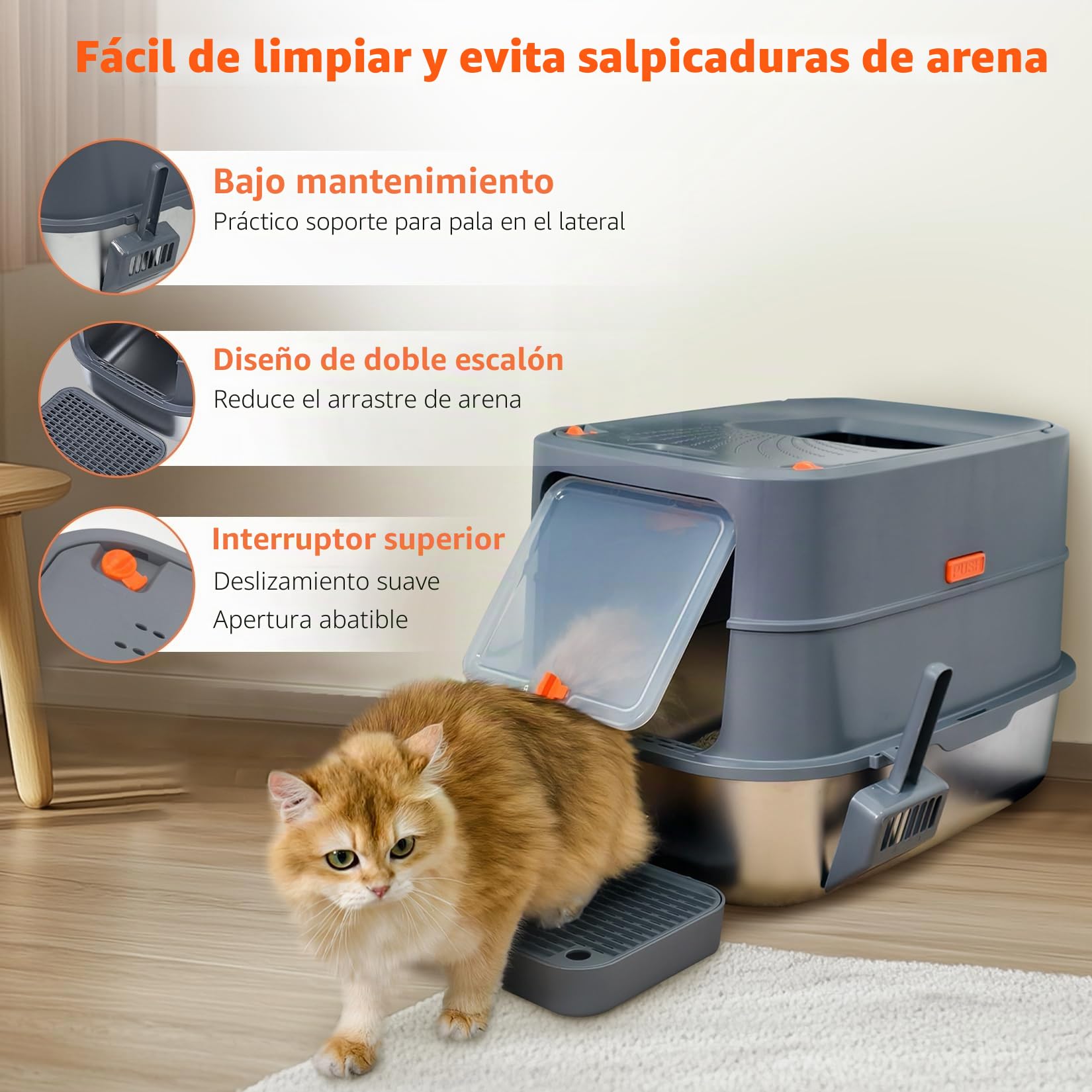 BingoPaw Arenero Gatos Acero Inoxidable Caja de Arena para Gatos Cerrado Grande Metal Extraíble Litter Box Anti-Fugas, Sin Olor, Fácil de Limpiar Cat WC con Pala y Cernidor 58x42x42cm, Gris