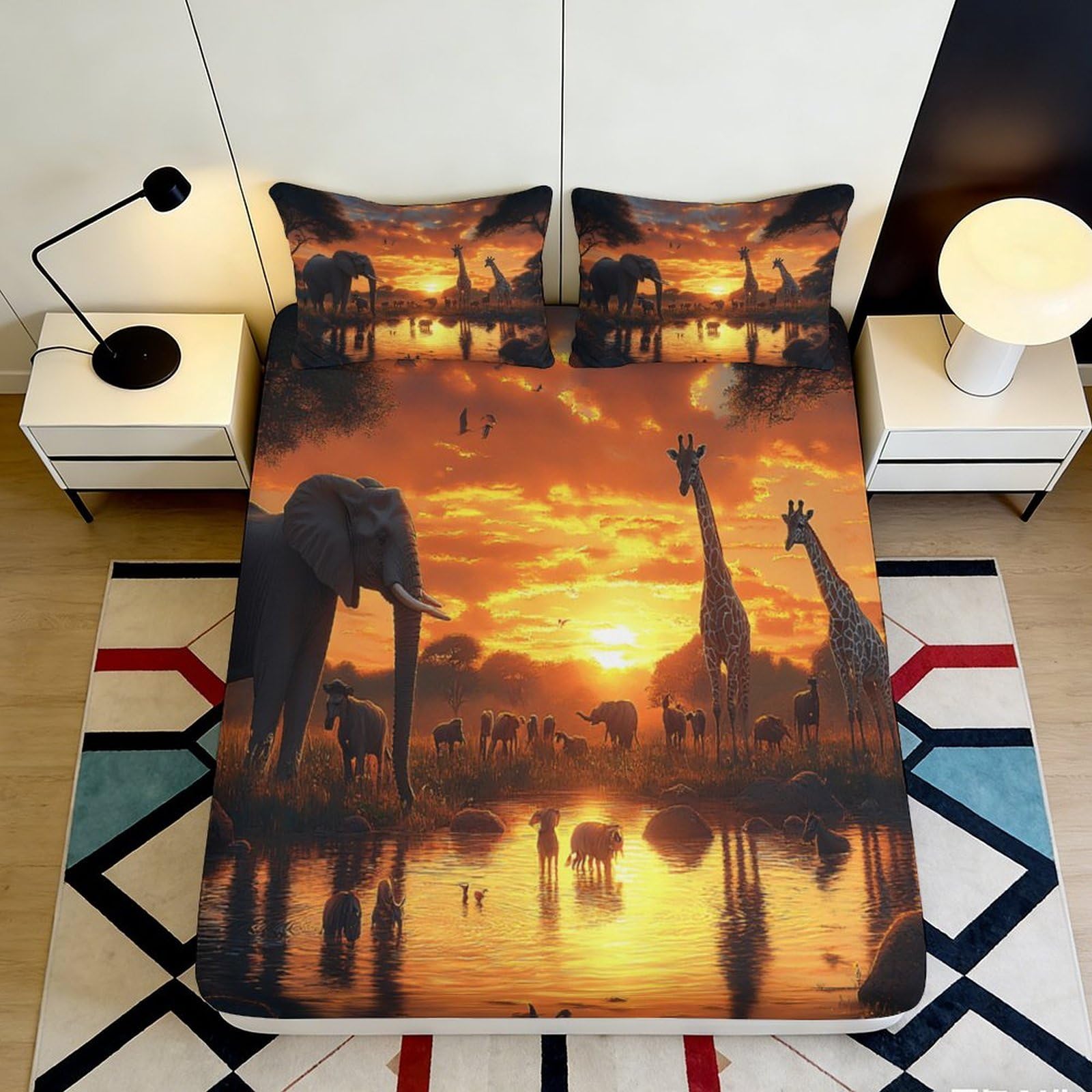 3D Printed Safari Sunset Fitted Sheet Microfiber Deep Pocket for Bedroom Bedding African Wildlife Mattress Fitted Cover Non-Slip Washable 160x200x25cm
