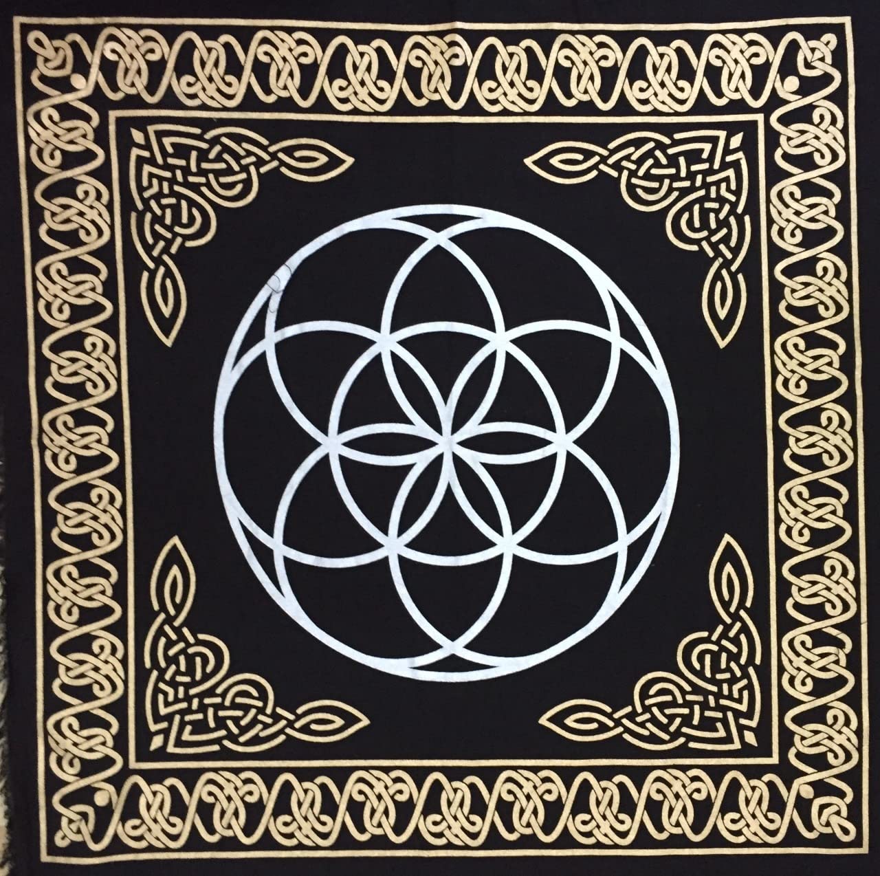 AVA Collections 36x36 Inch Altar Cloth Gold & Silver Printed on Black Cotton Fabric, Handmade Boho Spiritual Cloth for Tarot, Rituals Meditation Witchy Home Decor Table Cover (Seed of life)