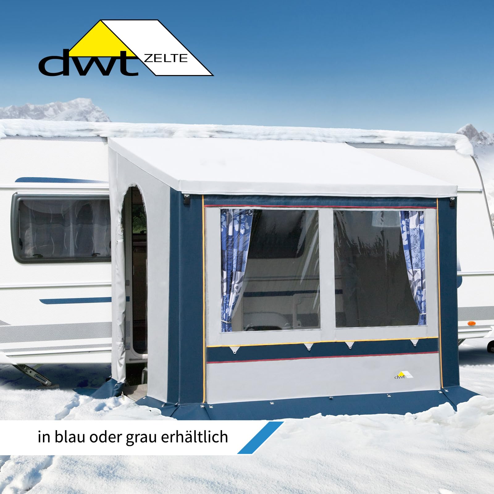 DWT Wohnwagen-Teilvorzelt Cortina II in Blau oder Grau inkl. 28x1 mm Gestänge ST, Vorzelt Dauercamping in 6 Größen