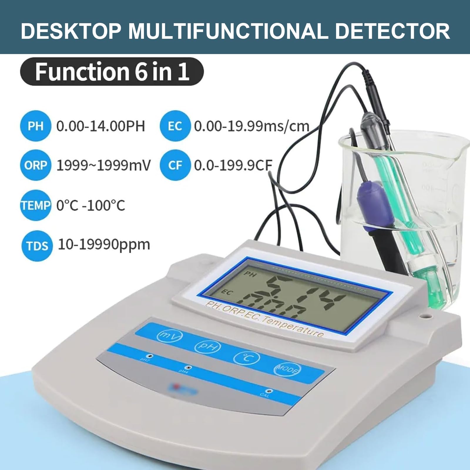 Tester di qualità dell'acqua – Misuratore di pH digitale 6 in 1 con funzione di compensazione della temperatura e risparmio dati per acquario, laboratorio, pesca e uso agricolo
