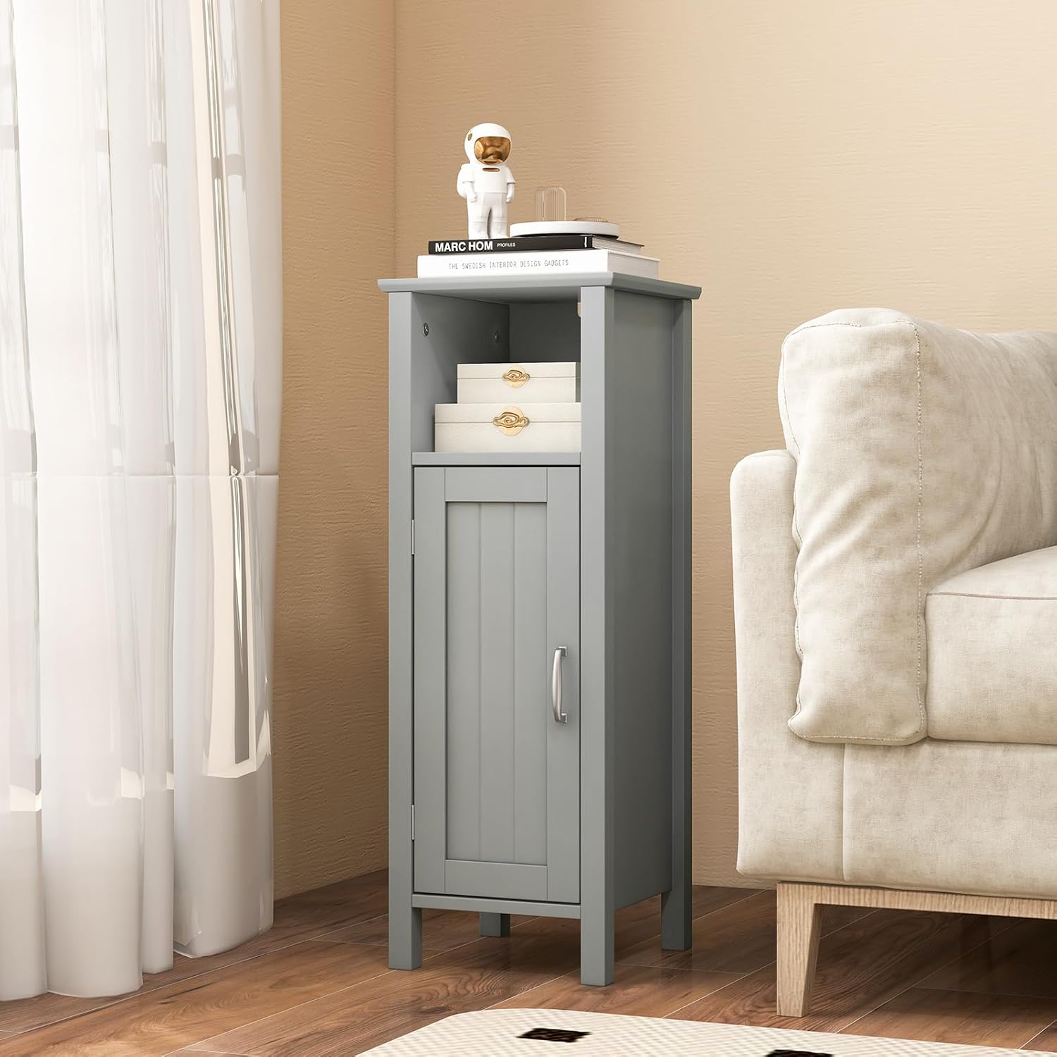 HAPPYGRILL Bathroom Floor Cabinet, Narrow Organizer Console Table Nightstand w/Adjustable Inner Shelves, Freestanding Storage Cabinet for Living Room Kitchen Entryway (Grey)