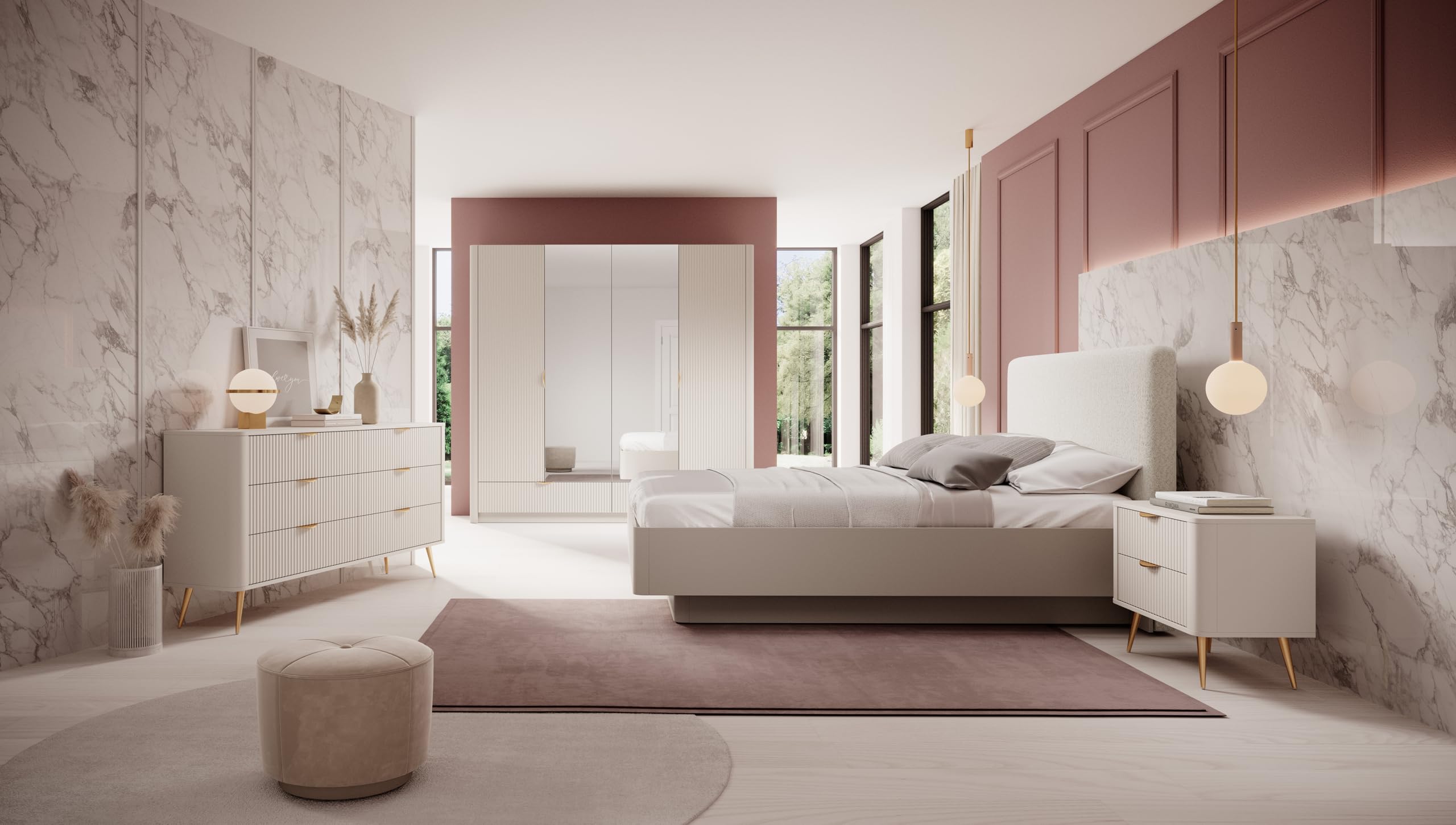 3E 3xE living.com Comodino con due cassetti, colore: Cashmere Gambe dorate,