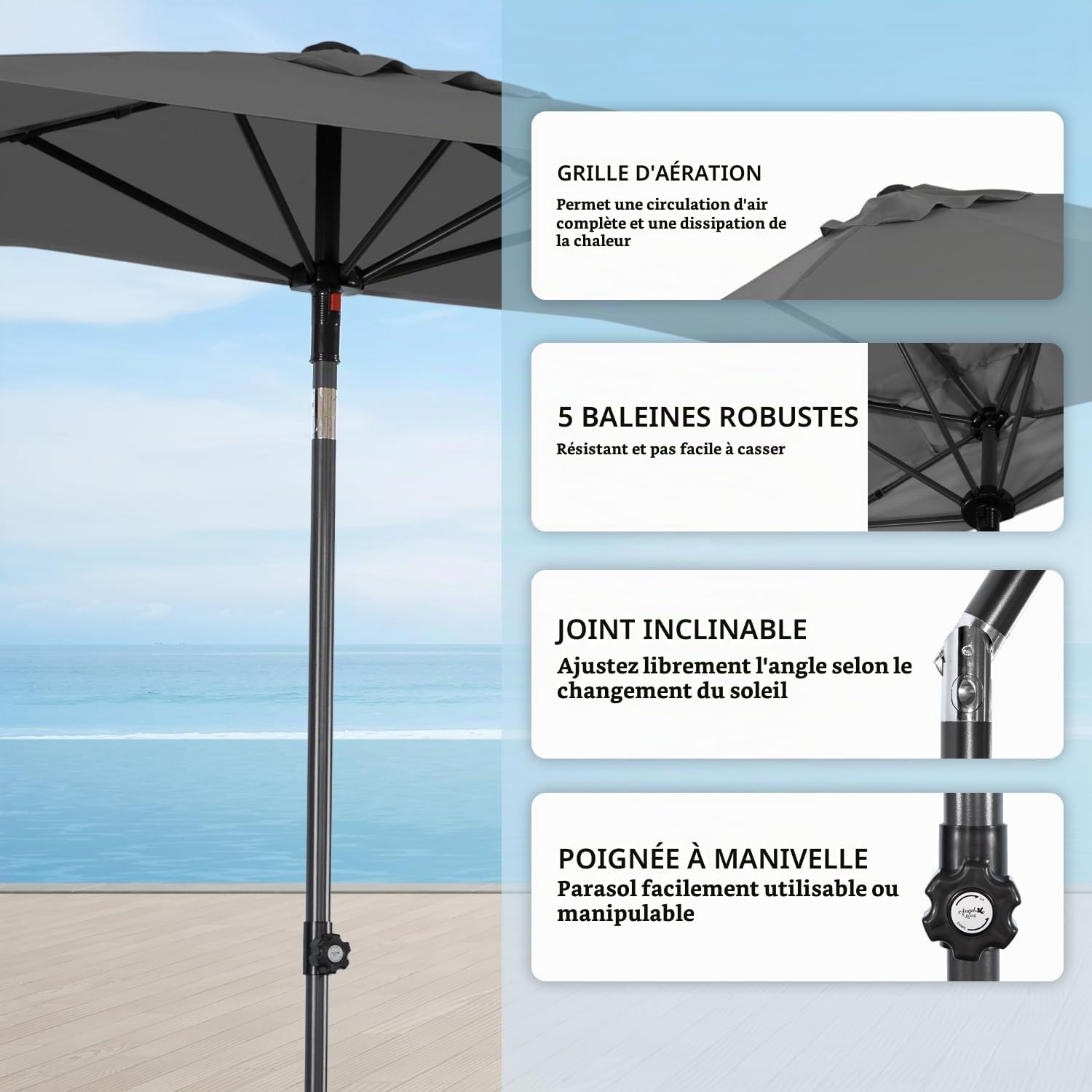 Angel Living Demi-Parasol de jardin, Parasol Droit Rectangulaire Inclinable, 2.5 x 1.3 m, avec Poussée Manuelle, pour Jardin Terrasse Balcon