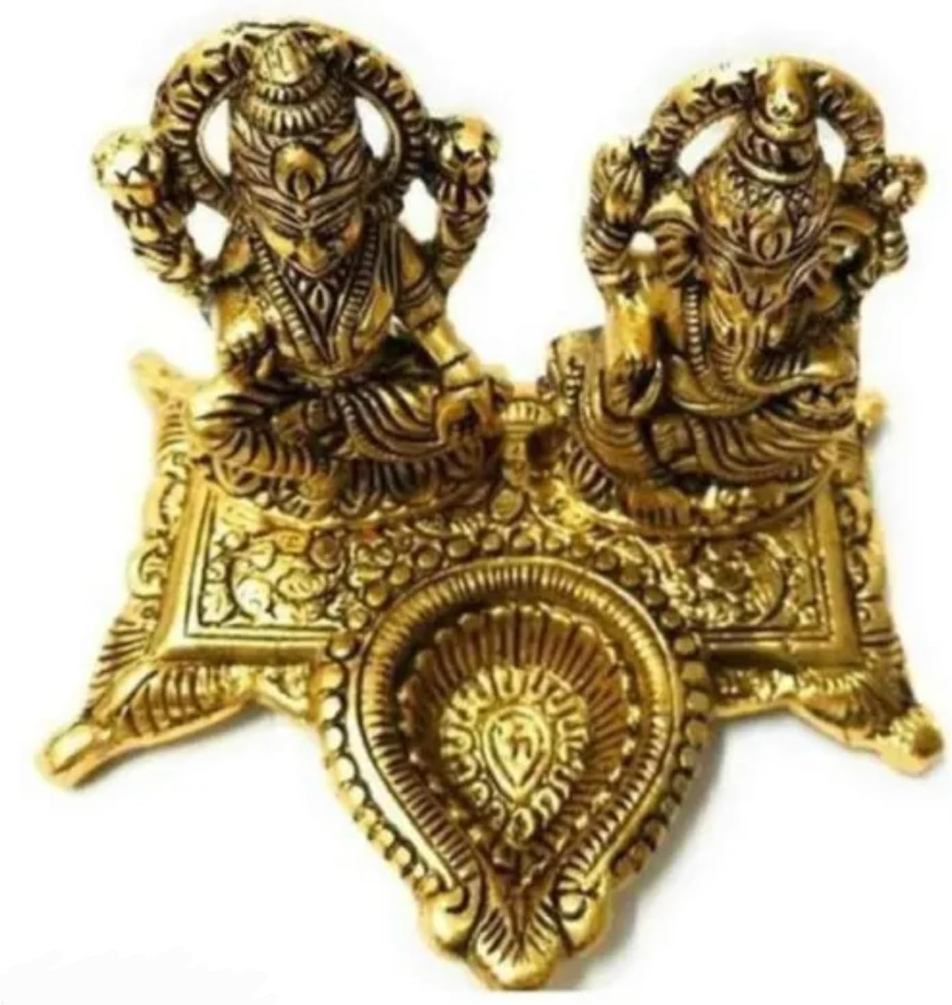 Traditional Brass Lakshmi Ganesh Oil Lamp, Decorative Hindu Deity Diya, Gold Antique Finish, Religious Spiritual Home Decor