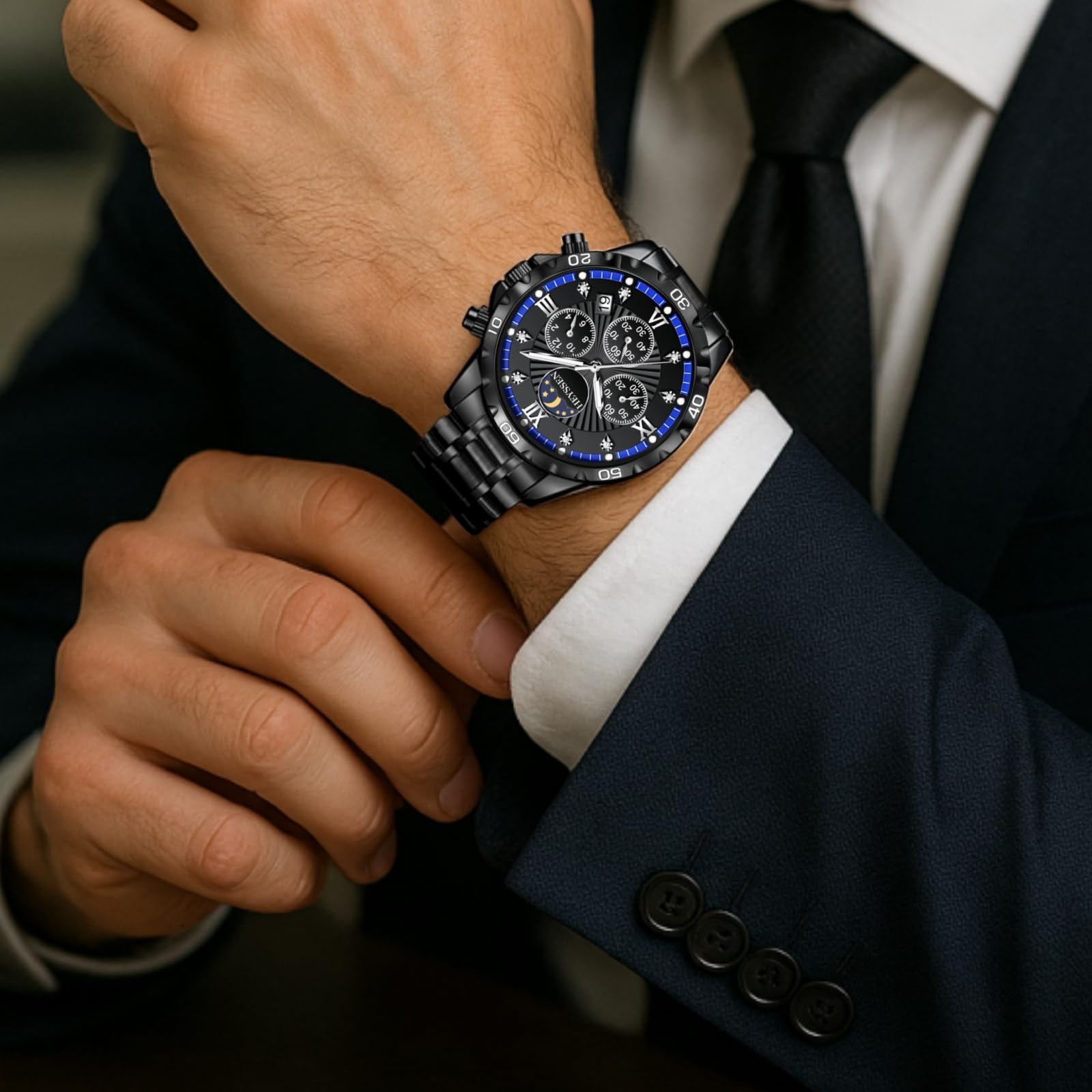 Watches for Men Stainless Steel: Dress Watch for Mens Quartz Analog Wrist Luxury Black Metal Tone Blue Dial Big Classic Diver Waterproof Chronograph Black Face Business Man Gift