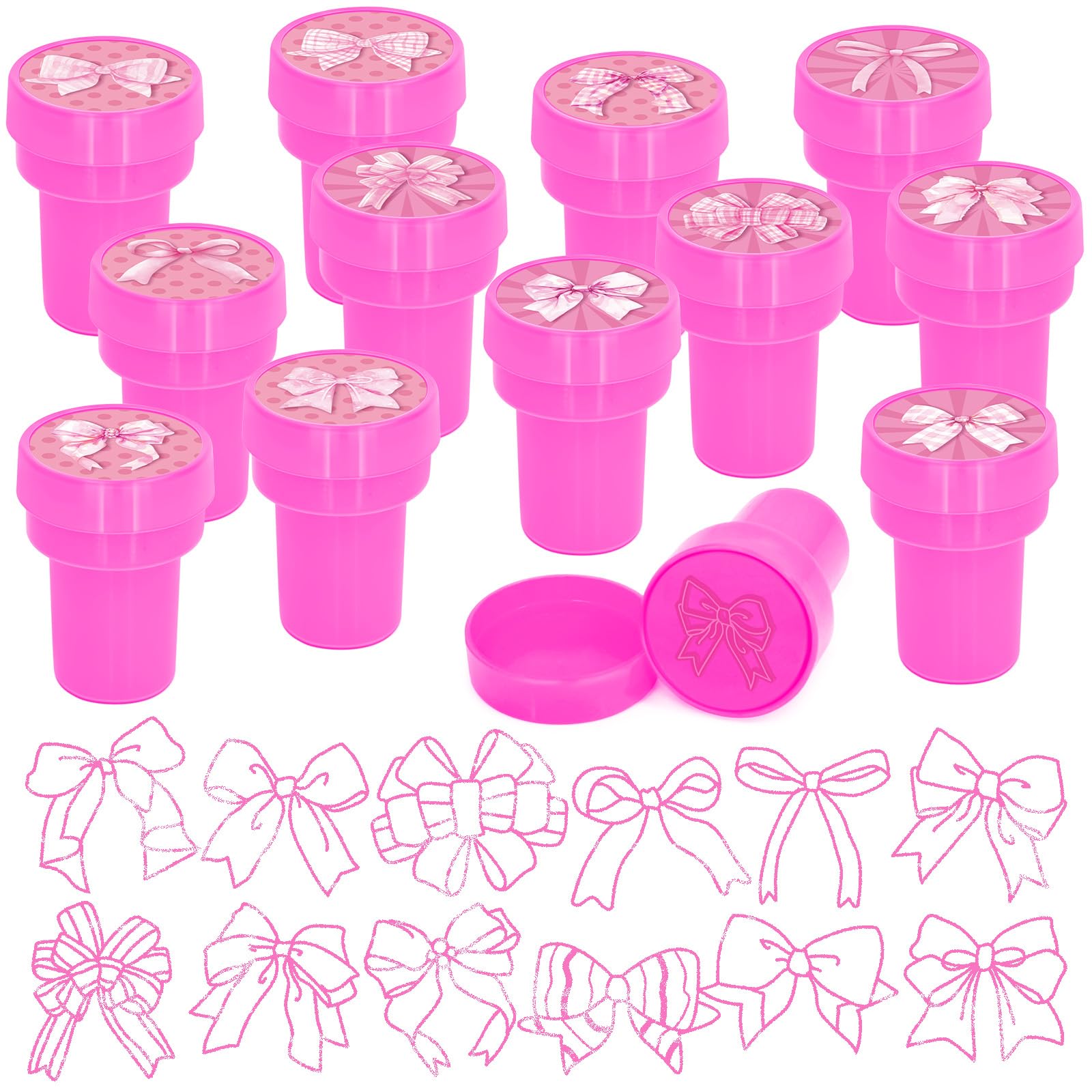 Cinrobiye 24 Pcs Pink Bow Stampers Party Favor Set, Cute Bow Stamps for Kids Birthday Party, Classroom Rewards, Girl Party Supplies, Goody Bag Fillers, Pink Themed Party Favors