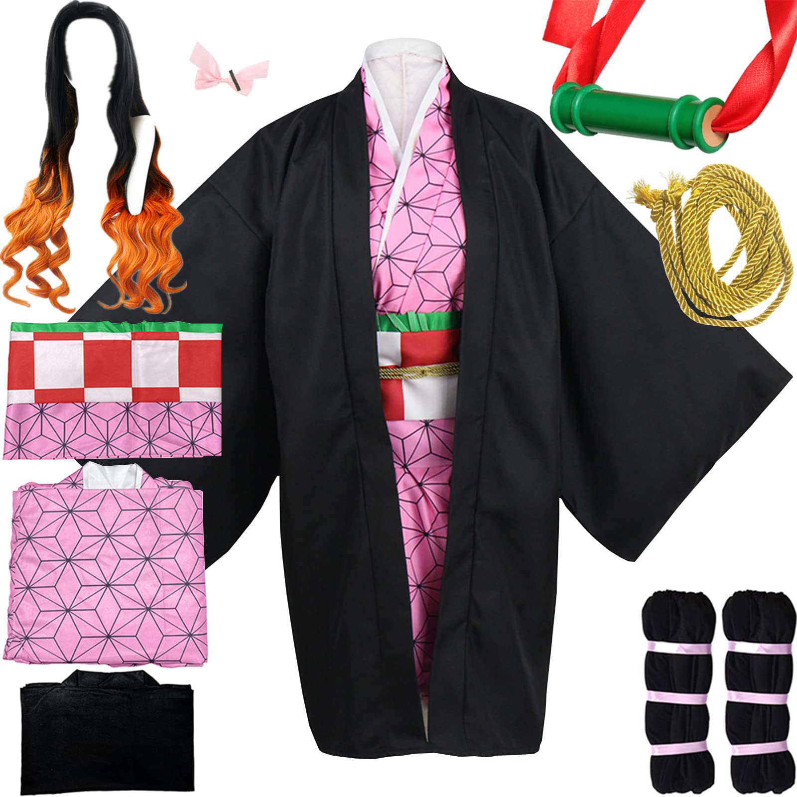 Womans Girls Mens Boys Cosplay Costume Wig Set Kimetsu no Yaiba Anime Kimono Set Halloween Kimono Set