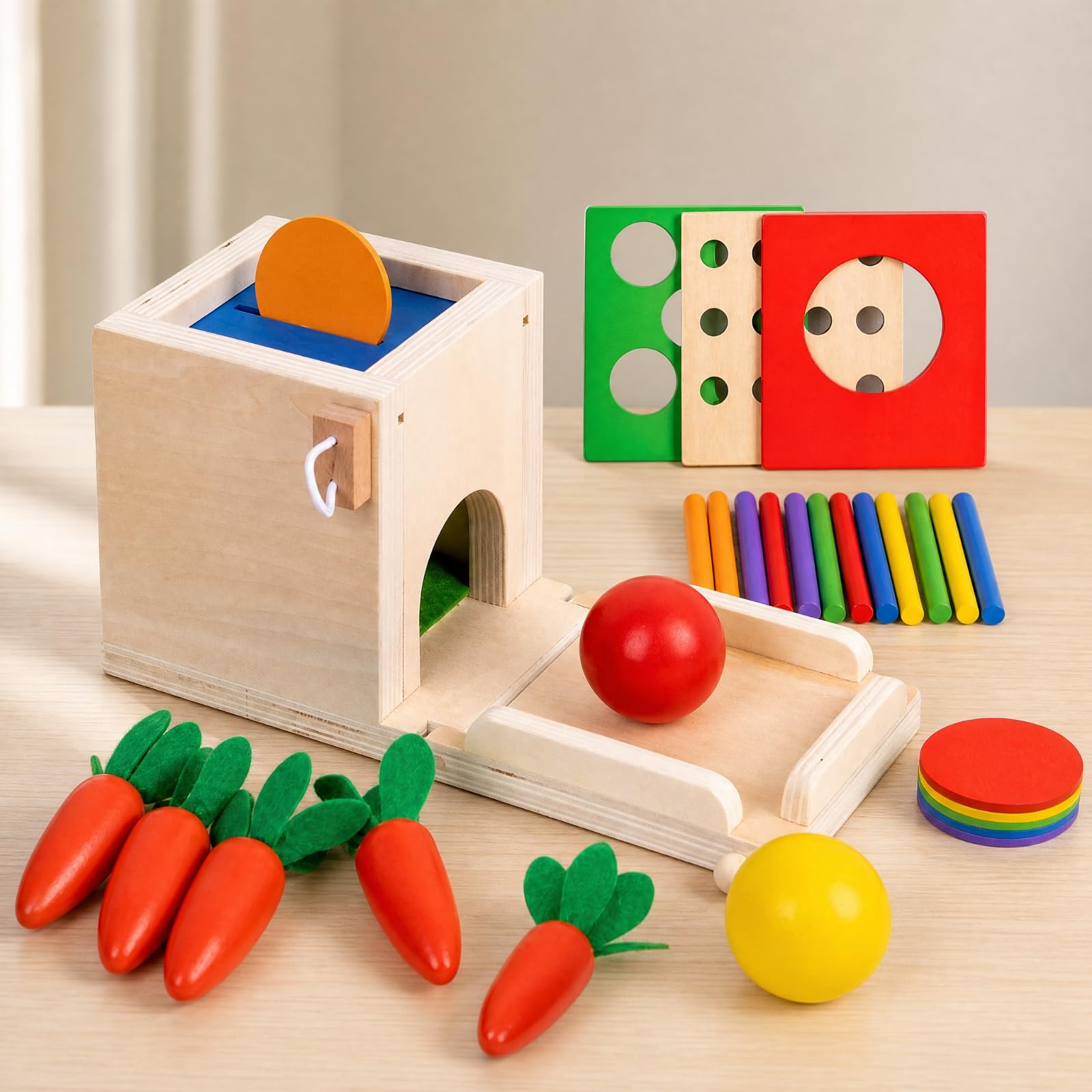 Scatola Educativo con Accessori Interattivo Scatola Educativo in Legno Atossico Gioco di Incastro in Legno per Neonati, Asilo