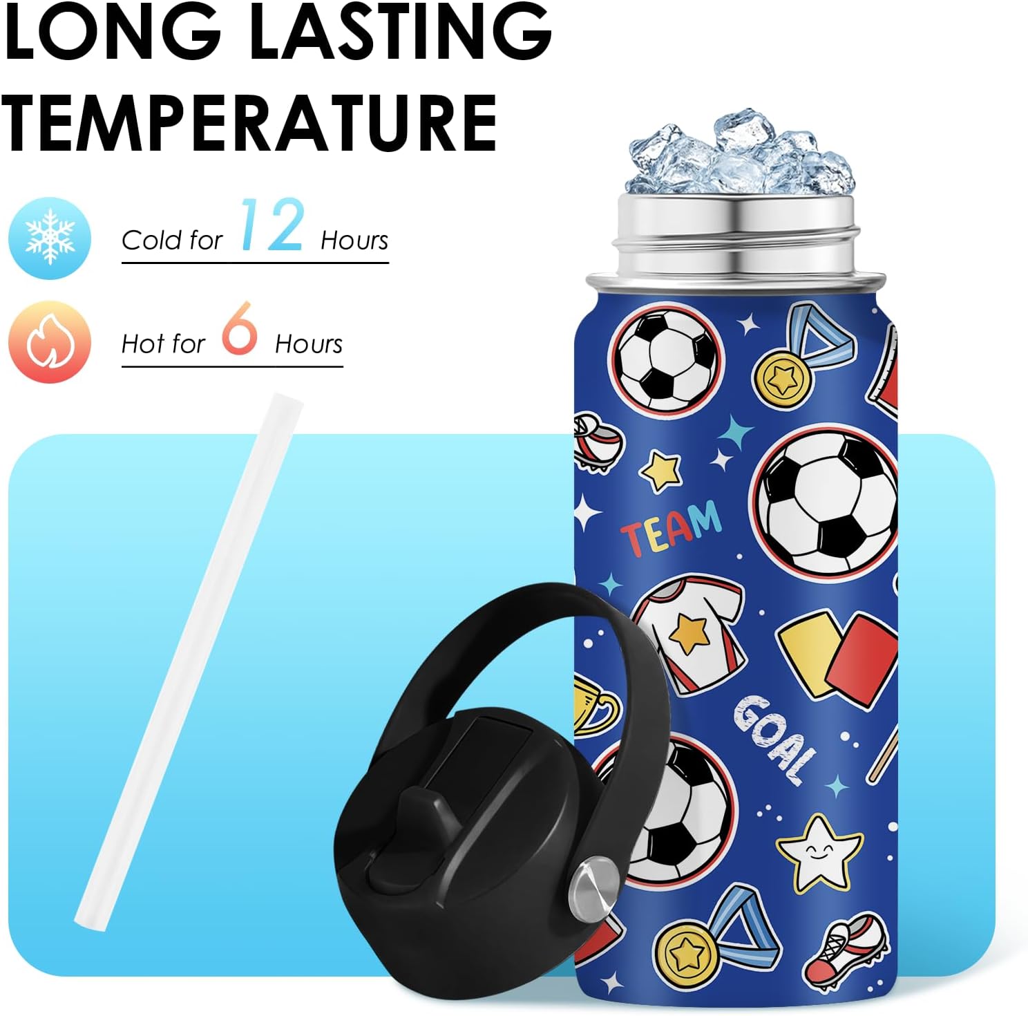 Soccer Gifts for Kids - 16 Oz Kids Water Bottle with Straw Lid, Stainless Steel Insulated Tumbler, Leak Proof, BPA-Free, for Girls, School, Travel - Soccer Lovers Children Birthday Gifts Cups(1pc) - Image 4