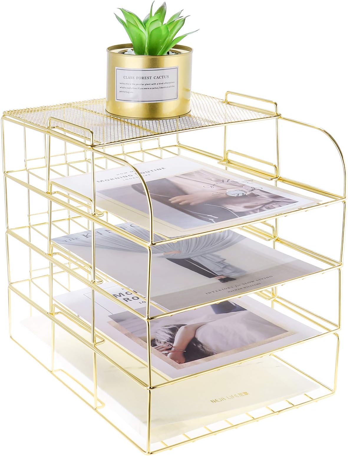 LEORISO Gold Desk Organizer, Stackable Paper Holder Rack Set of 4, Metal Letter File Organizer Tray, Desk Accessories for School Home Office Supplies