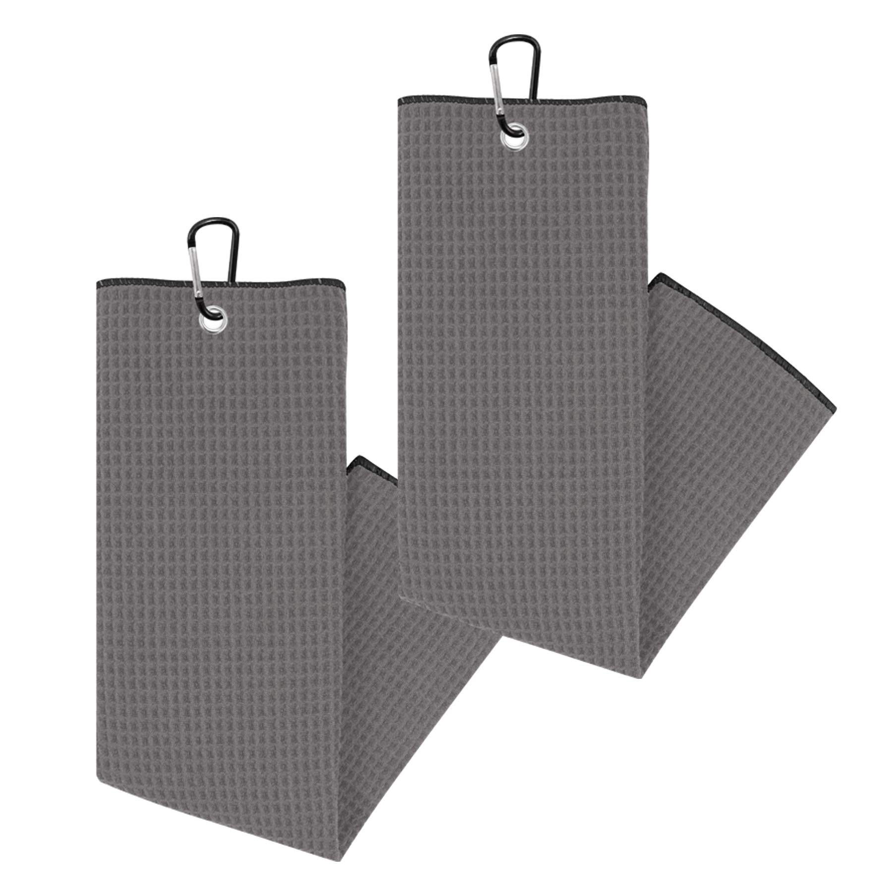 Soffle Waffle Tri-Fold Golf Towels | 2 Pack | 16” x 24” with Clip | Microfiber Waffle Golf Towel (Sterling Silver)